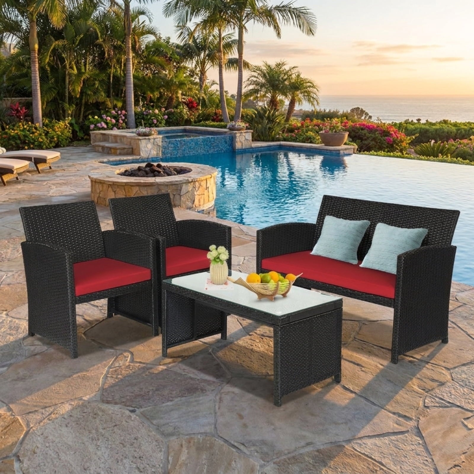 Biotree 4 Pieces Rattan Patio Furniture Set with Weather Resistant Cushions and Tempered Glass Tabletop