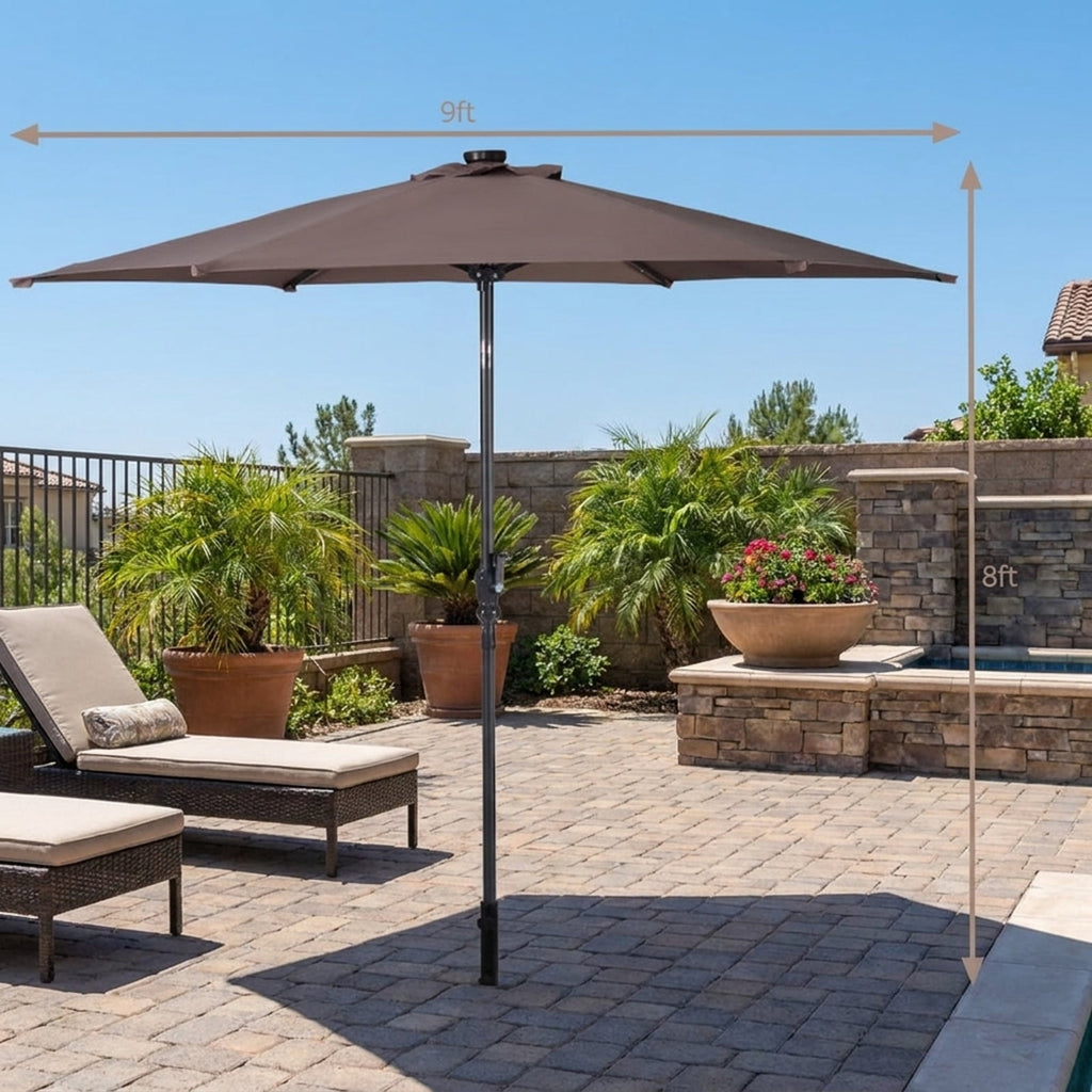 Biotree 9 ft Solar LED Market Patio Umbrella with Crank and Tilt, 6 Sturdy Ribs, Vented Canopy - Tan
