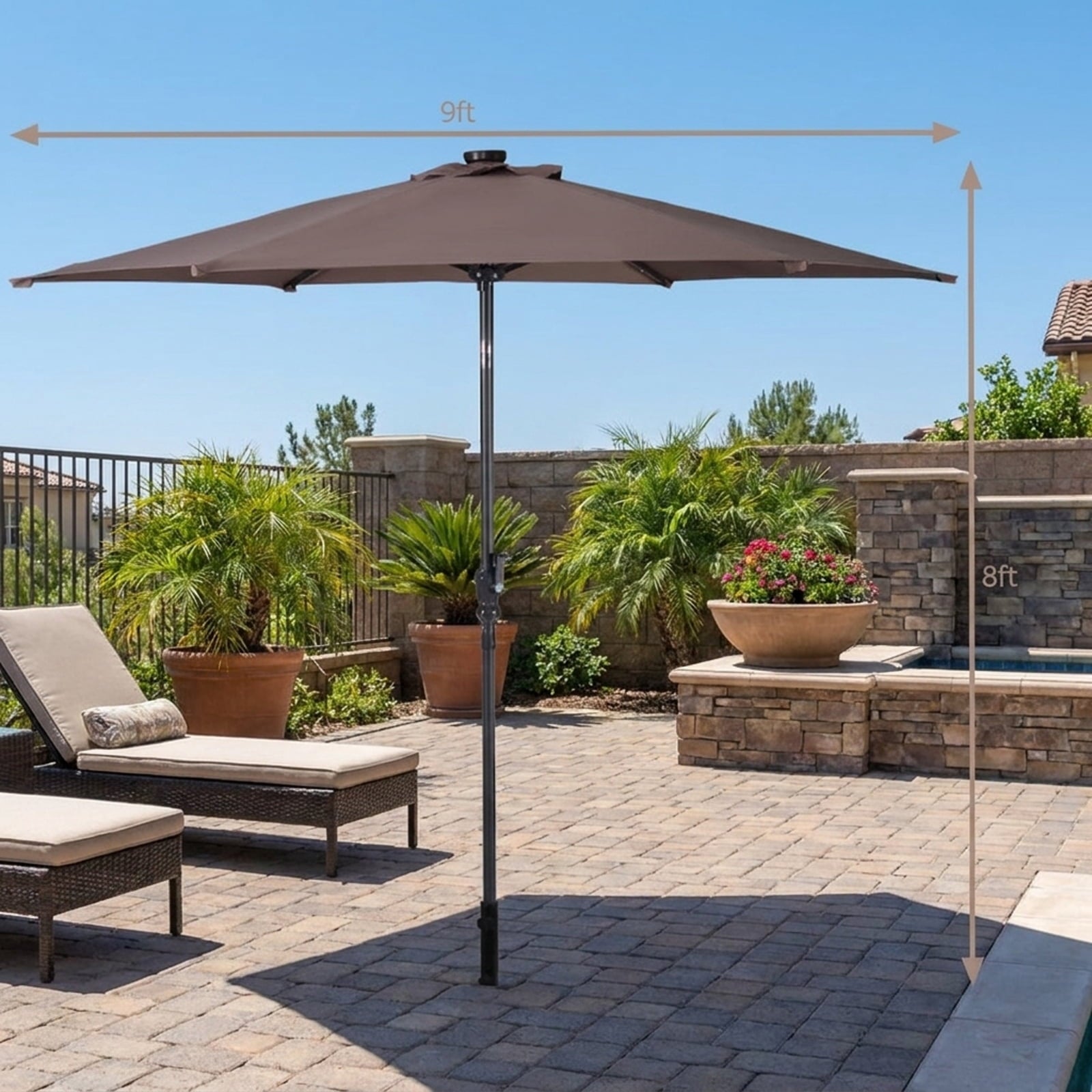 Biotree 9 ft Solar LED Market Patio Umbrella with Crank and Tilt, 6 Sturdy Ribs, Vented Canopy - Tan