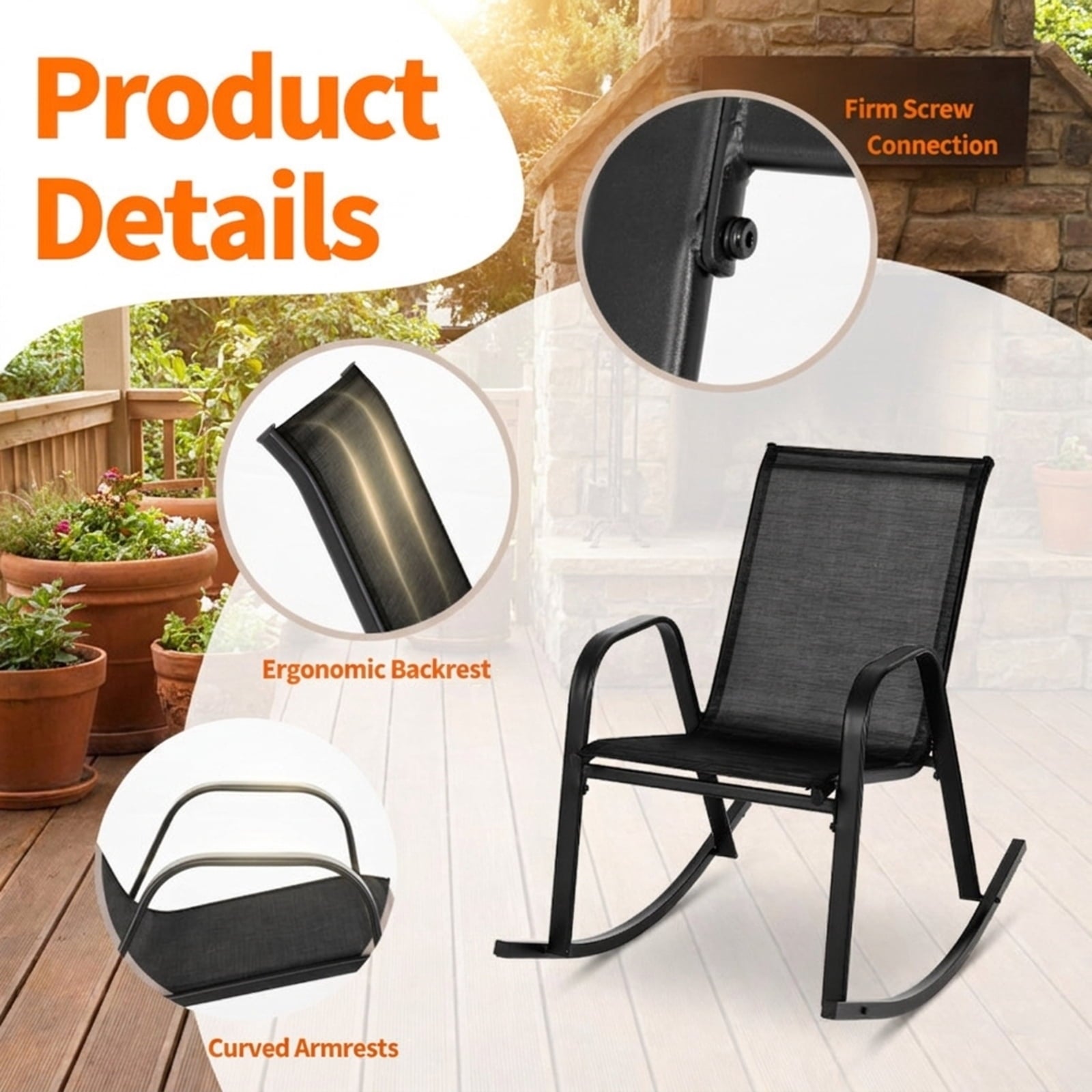 Biotree Set of 2 Metal Patio Rocking Chair with Breathable Seat Fabric Stackable Patio Chair for Garden BackyardBlack