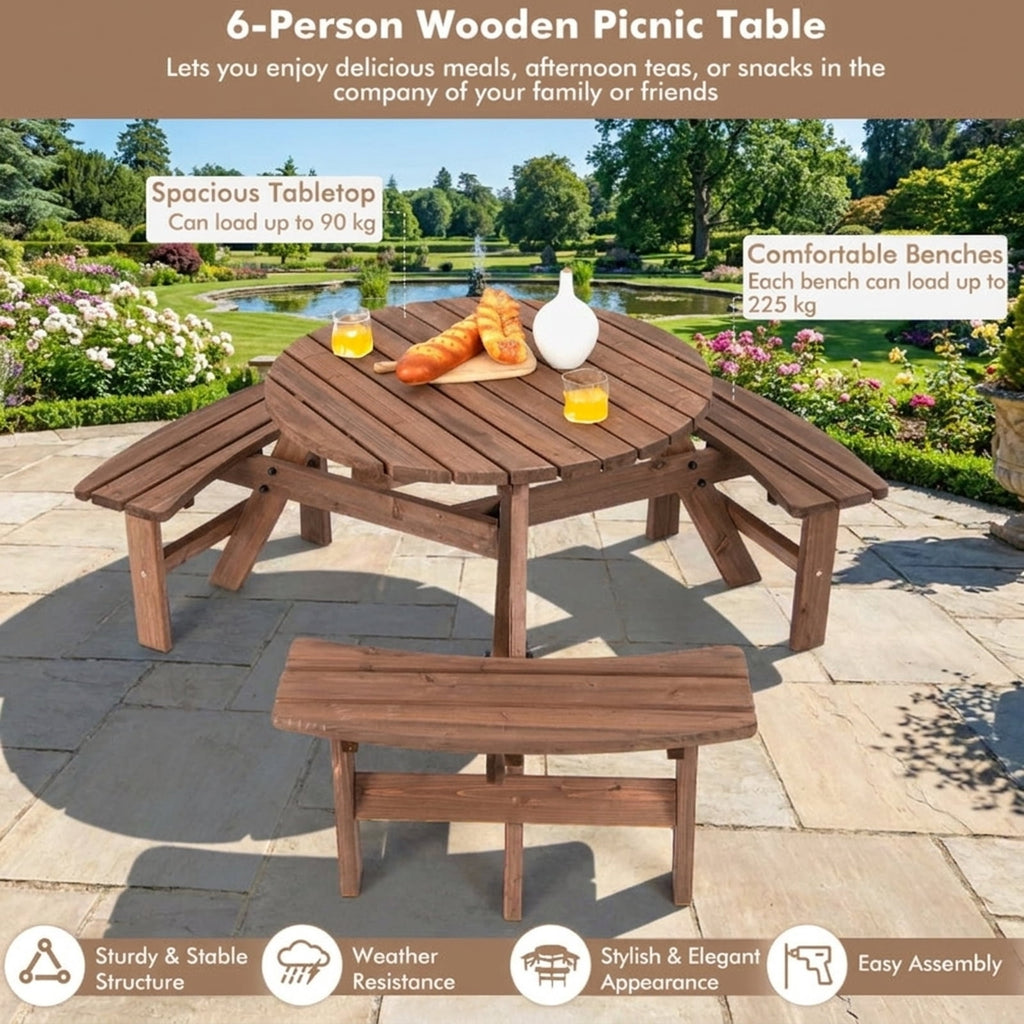 Biotree 66.9-Inch 6 Person Wooden Picnic Table Set with Bench and Umbrella Hold, Black