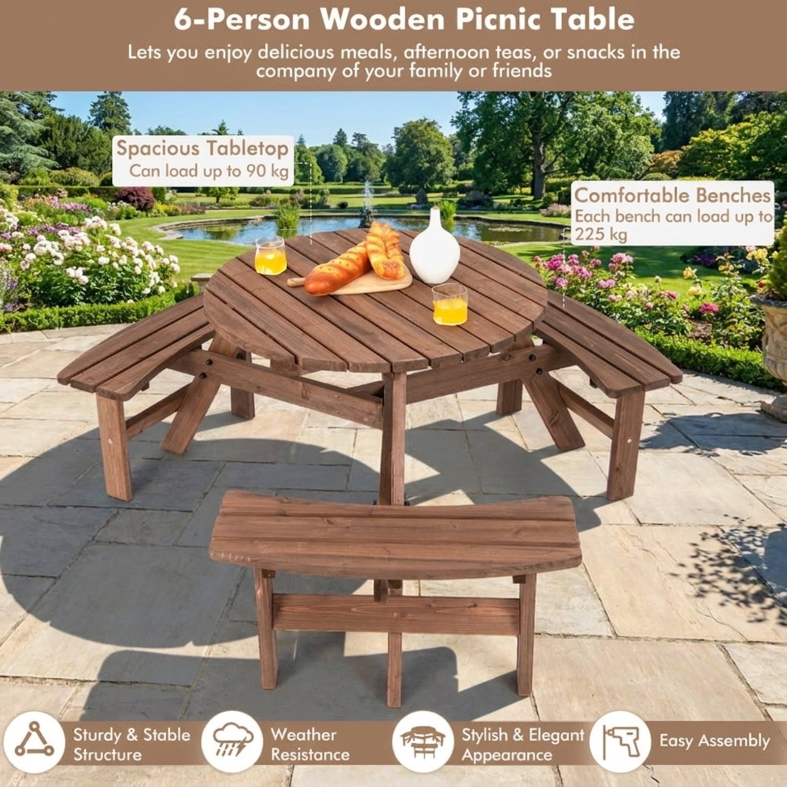 Biotree 66.9-Inch 6 Person Wooden Picnic Table Set with Bench and Umbrella Hold, Black