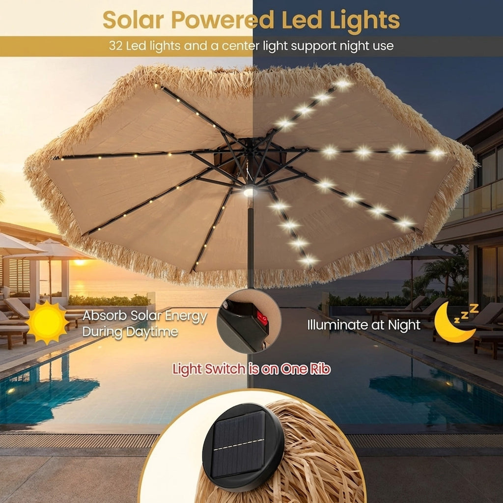 Biotree 9 Feet Solar Powered Thatched Tiki Patio Umbrella with Led Lights. Outdoor Backyard Deck Garden