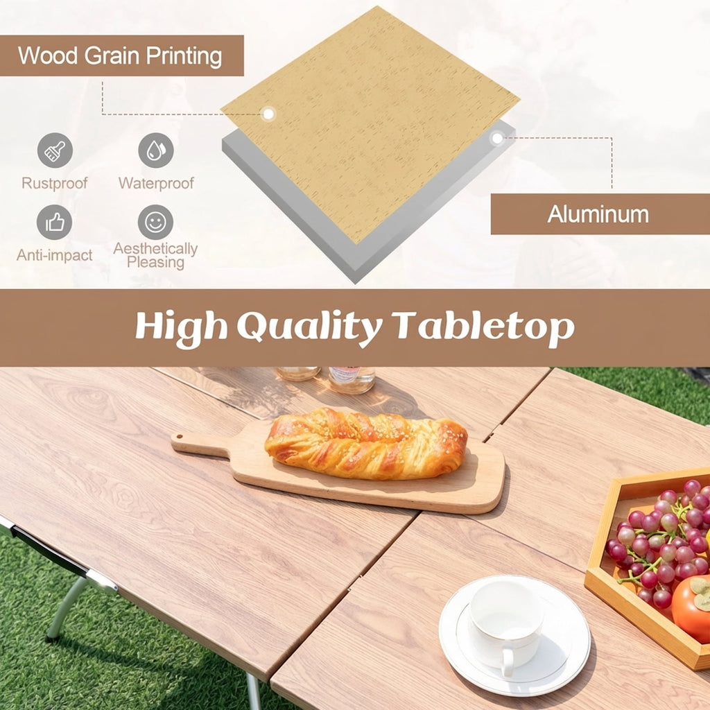 Biotree 2 Pack Folding Camping Table with Wood-Grain Tabletop Portable Lightweight Outdoor Table for Hiking Party, Natural