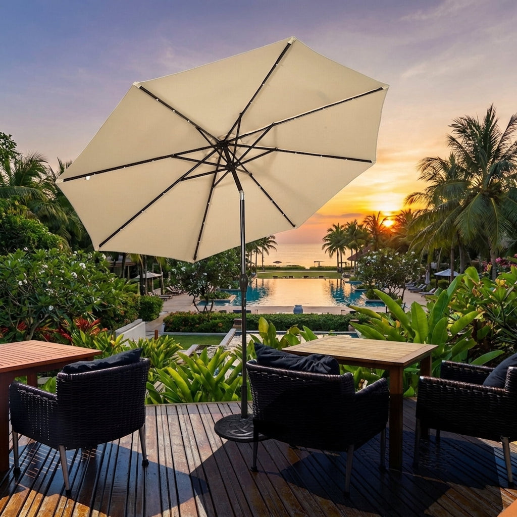 Biotree 10 Solar LED Lighted Patio Market Umbrella Shade Tilt Adjustment Crank-Beige Outdoor Backyard