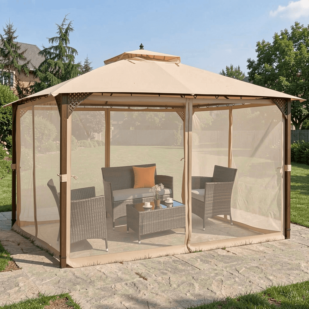 Biotree 12 x 10 Feet Outdoor Double Top Patio Gazebo with Netting Brown - Outdoor Patio Backyard Garden Shade Canopy Shelter