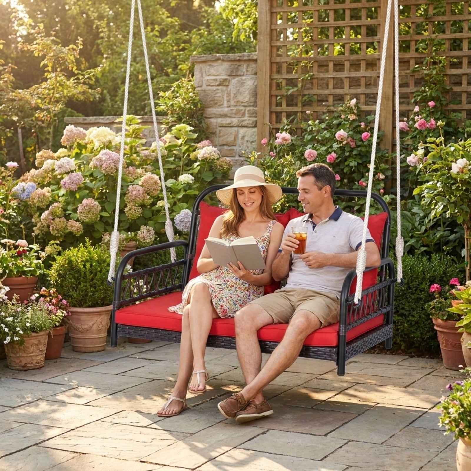 Biotree Patio Rattan Porch Swing Hammock Chair with Seat Cushion for Patio Porch Garden Backyard Outdoor, Red