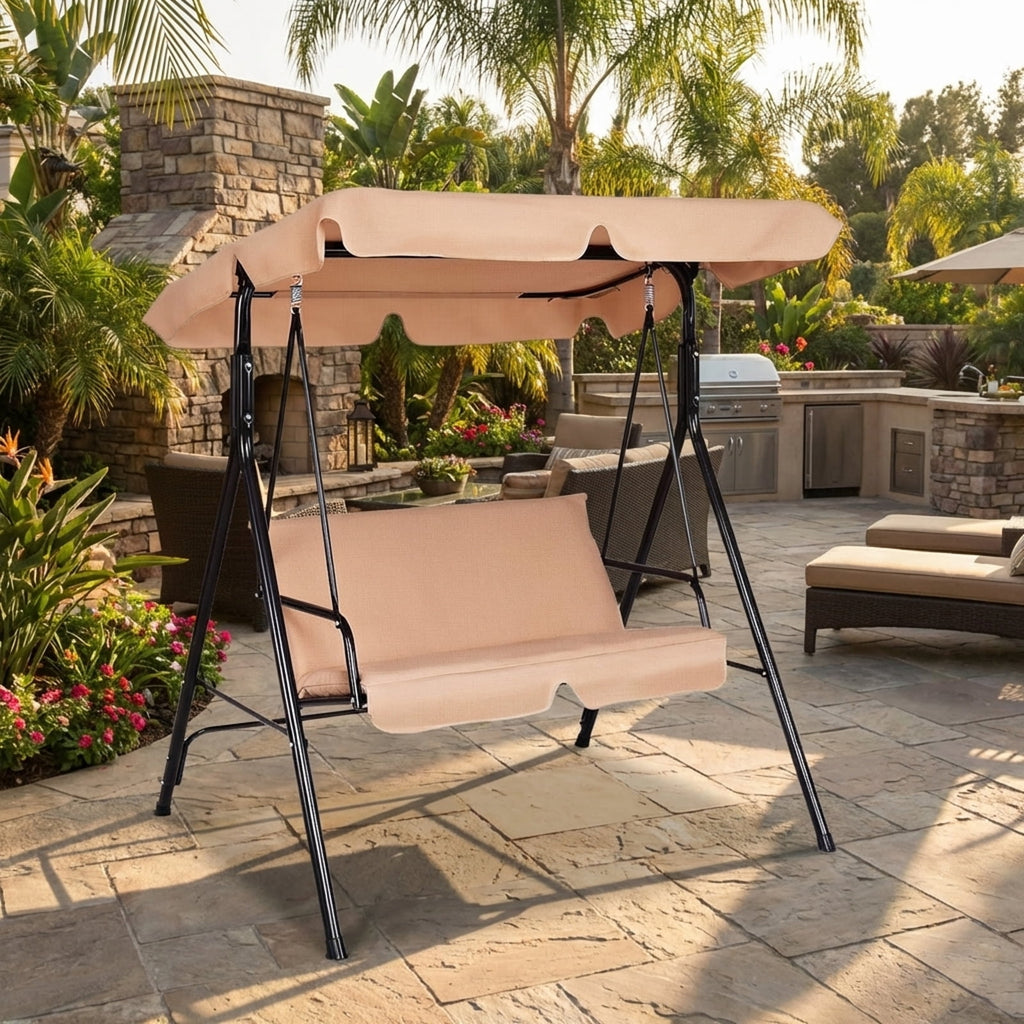 Biotree Loveseat Cushioned Patio Steel Frame Swing Glider -Beige Outdoor Garden Relaxation Deck Porch