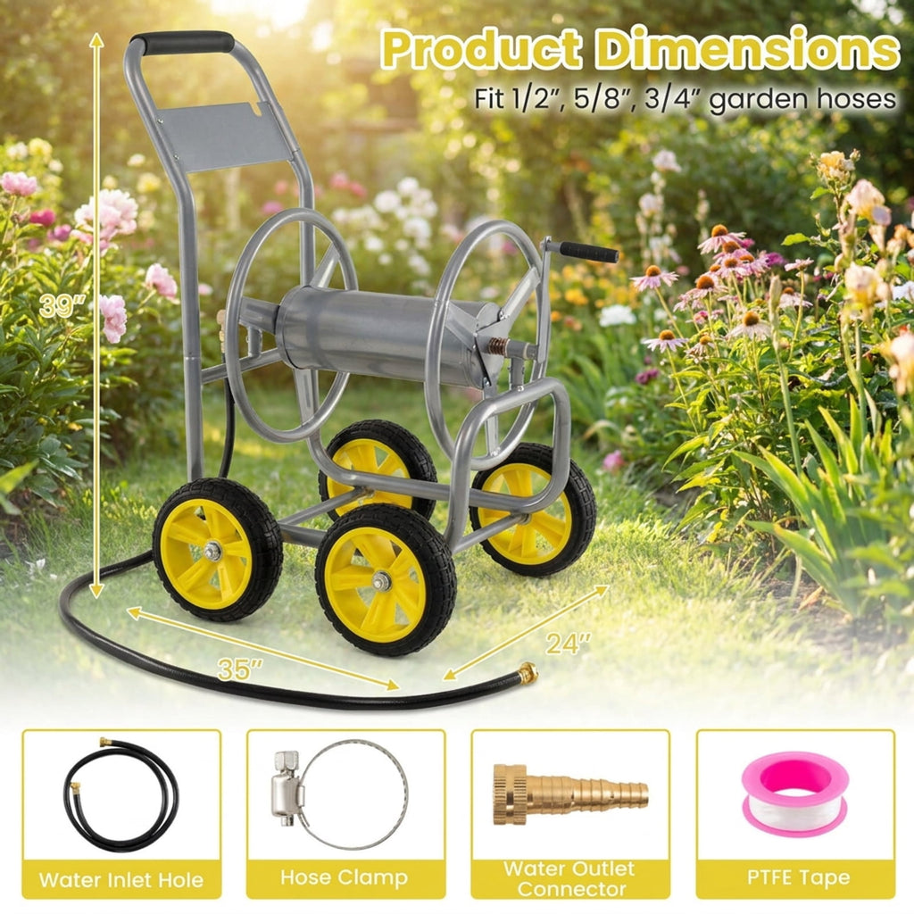 Biotree Garden Hose Reel Cart 4 Wheels Heavy-Duty Metal Water Hose Organizer Portable for Garden Yard Lawn Watering Outdoor, Silver