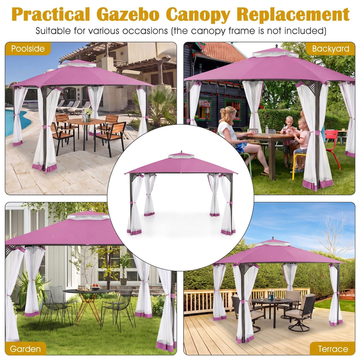 Biotree 10 x 12 Gazebo Replacement Top with Air Vent and Drainage Holes for Outdoor Patio Canopy, Pink
