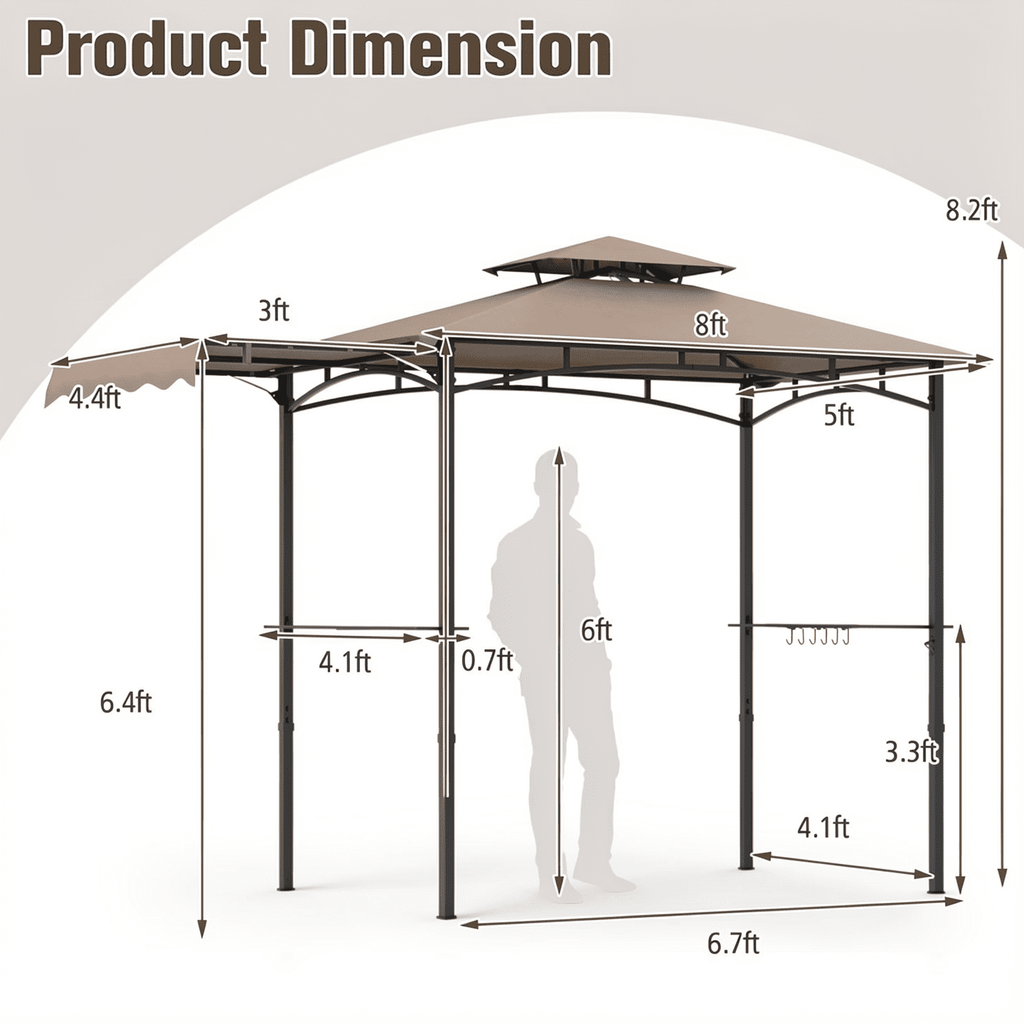 Biotree 11 x 5 FT Grill Gazebo with Side Awning and Double-Tiered Top Brown - Outdoor Patio Backyard Garden Shade Canopy Shelter