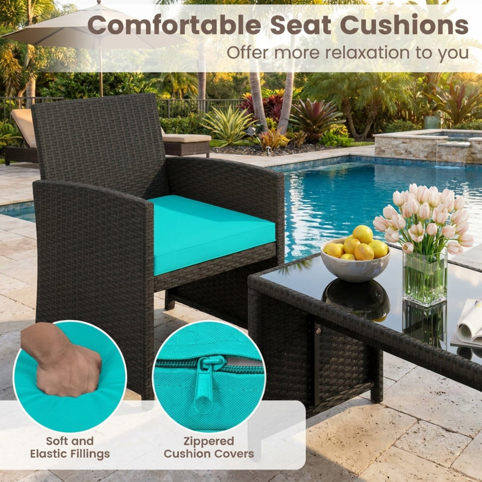 Biotree 4 Pieces Patio Furniture Set with Tempered Glass Tabletop and Removable Cushion Outdoor Conversation Set for Garden Backyard PorchTurquoise