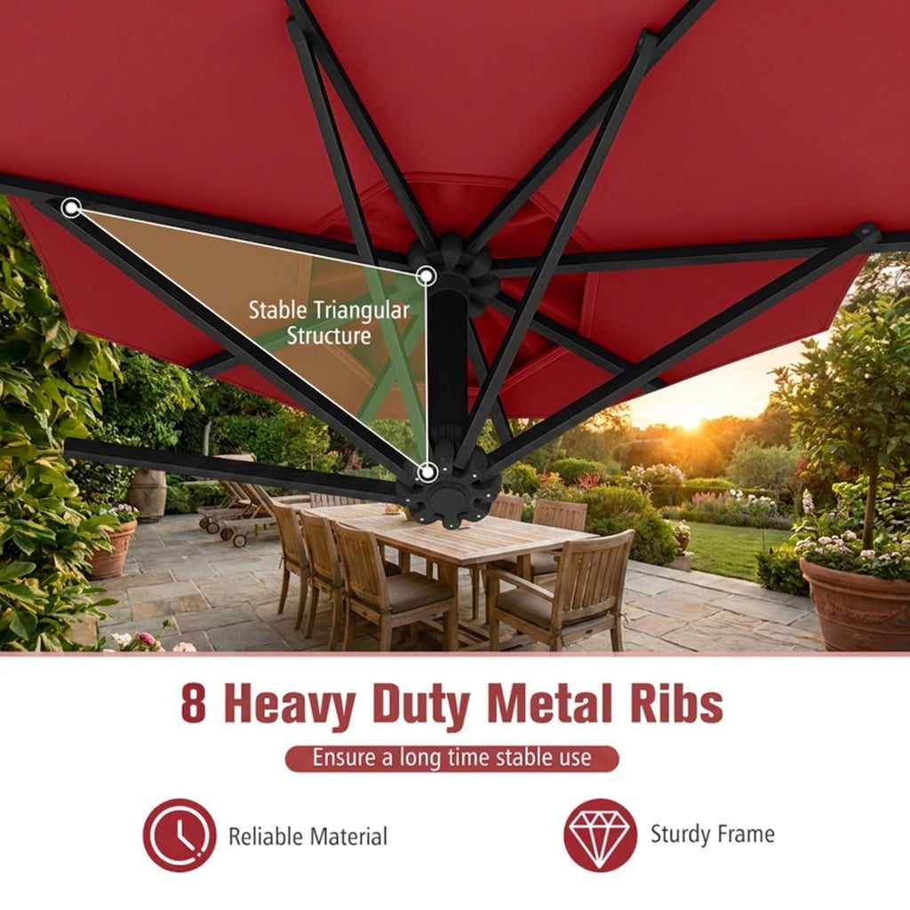 Biotree 10 ft Cantilever Patio Umbrella Offset Hanging with Cross Base, 8 Ribs - Wine for Backyard Garden Poolside