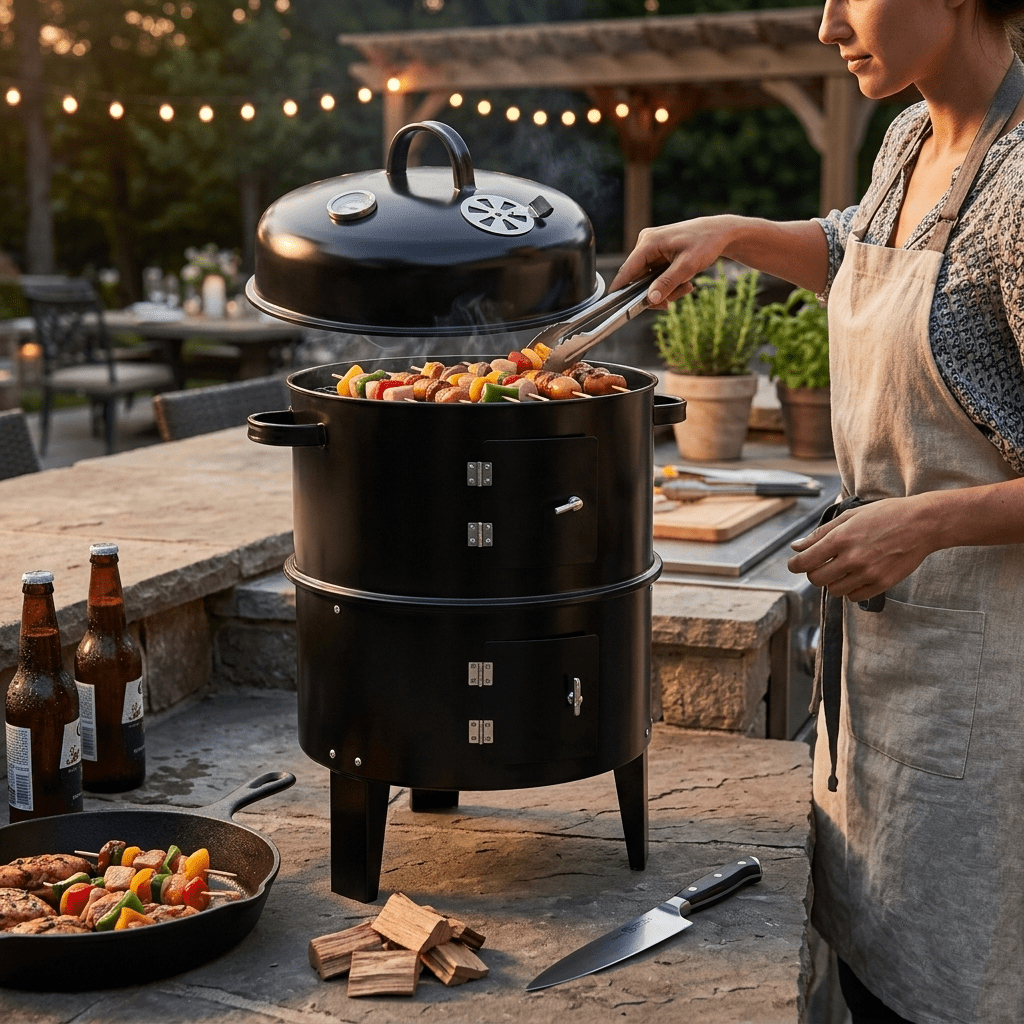Biotree Outdoor Vertical Charcoal Grill with Lid, Smokeless BBQ Smoker, 360¡ã Even Heating Wood Fired Grill, Charcoal BBQ Cooker for Backyard Patio Camping Cooking Black