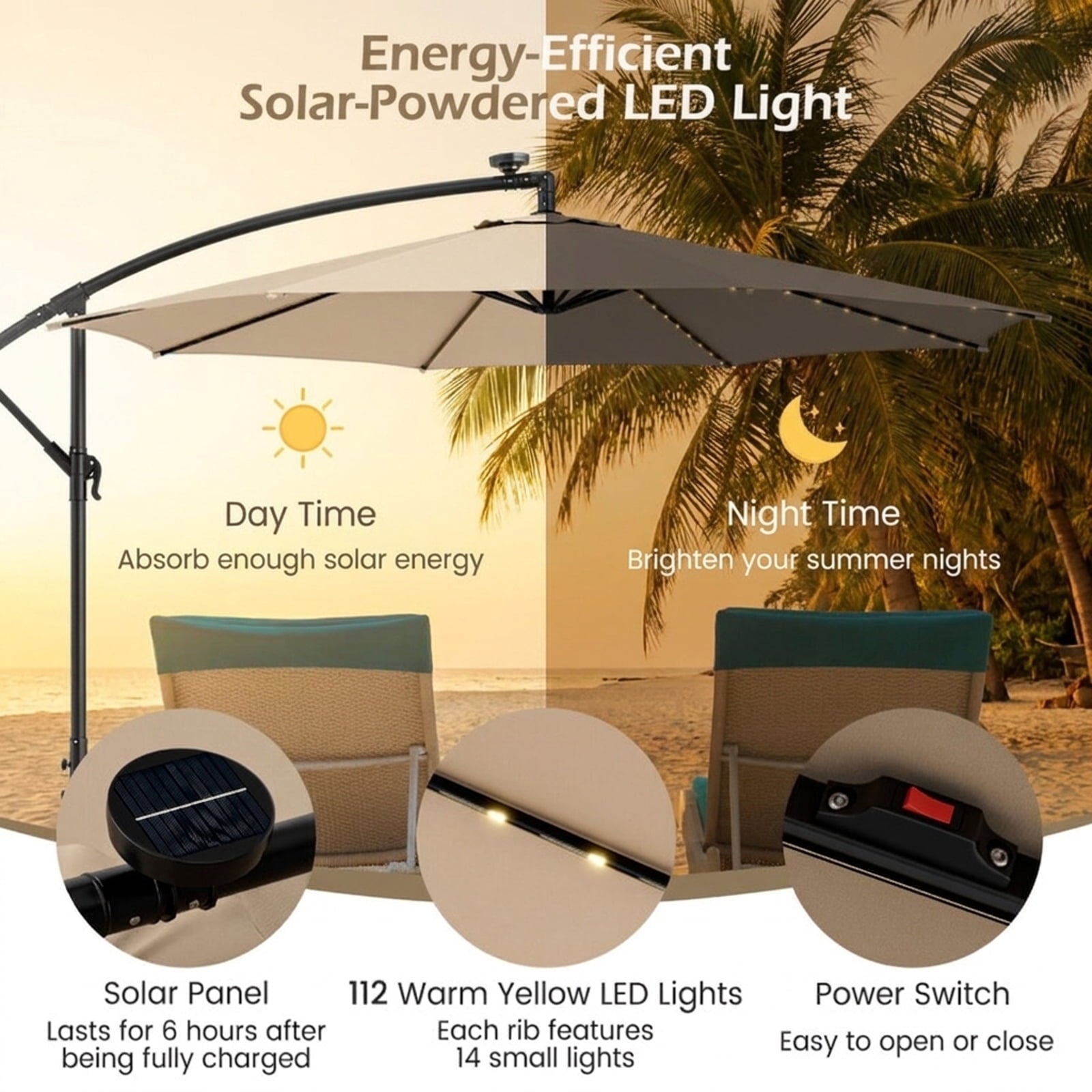 Biotree 10 ft Cantilever Offset Patio Umbrella Solar LED Lights Outdoor Shade - Beige - UV Protection