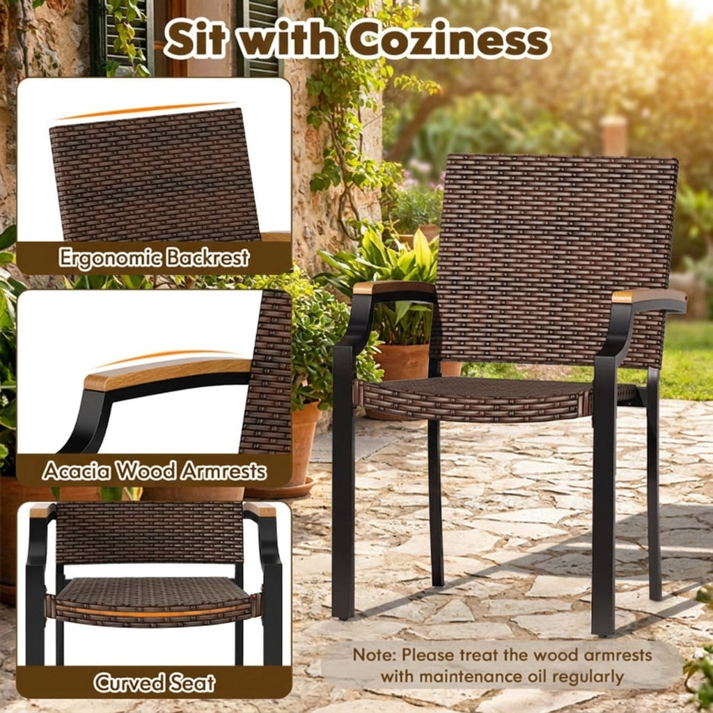 Biotree Stacking Wicker Chairs Set of 2 Patio Rattan Dining Chairs with Acacia Wood ArmrestsMix Brown