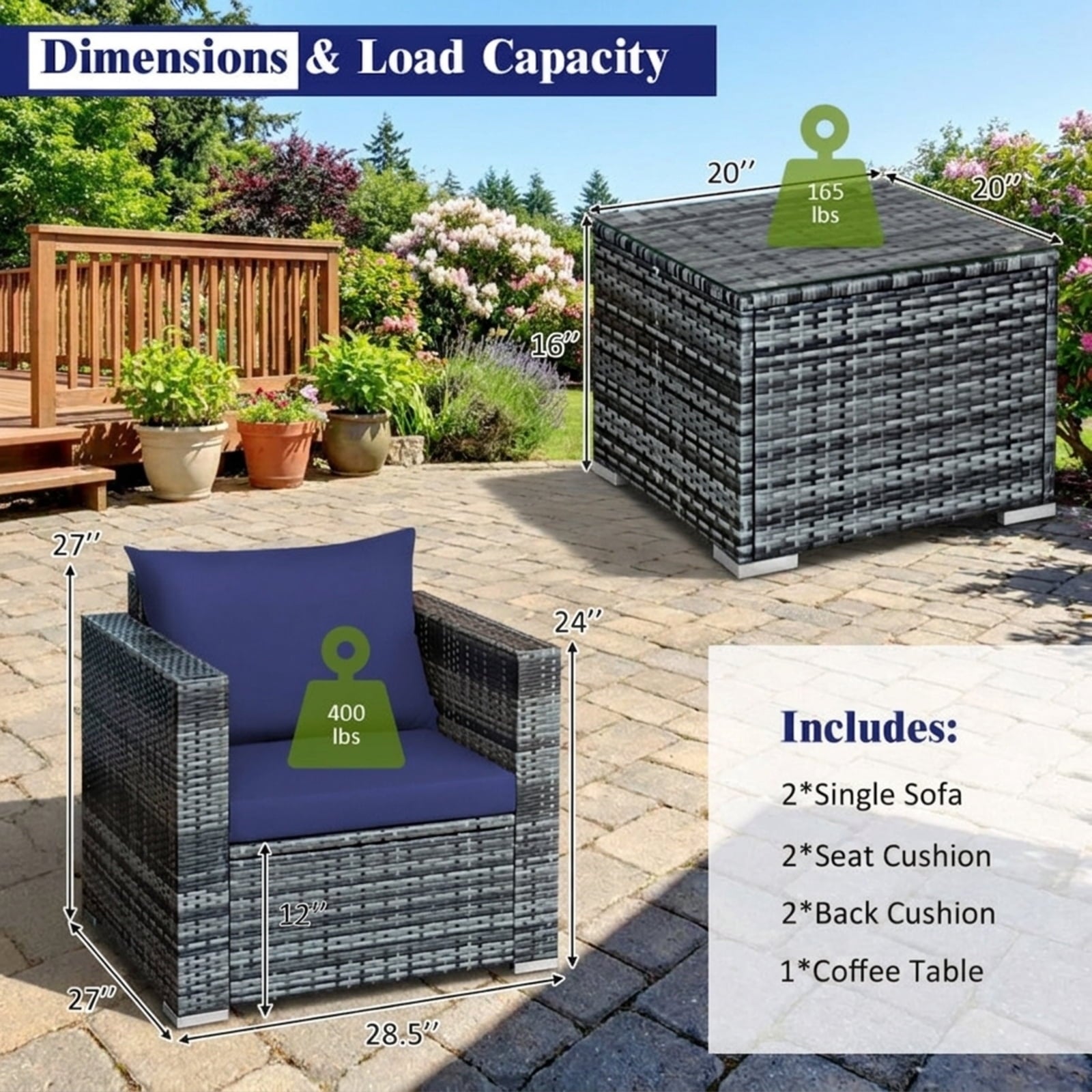 Biotree 3 Pcs Patio Rattan Furniture Bistro Sofa Set with Cushioned Outdoor Conversation Set for Garden Backyard PorchNavy