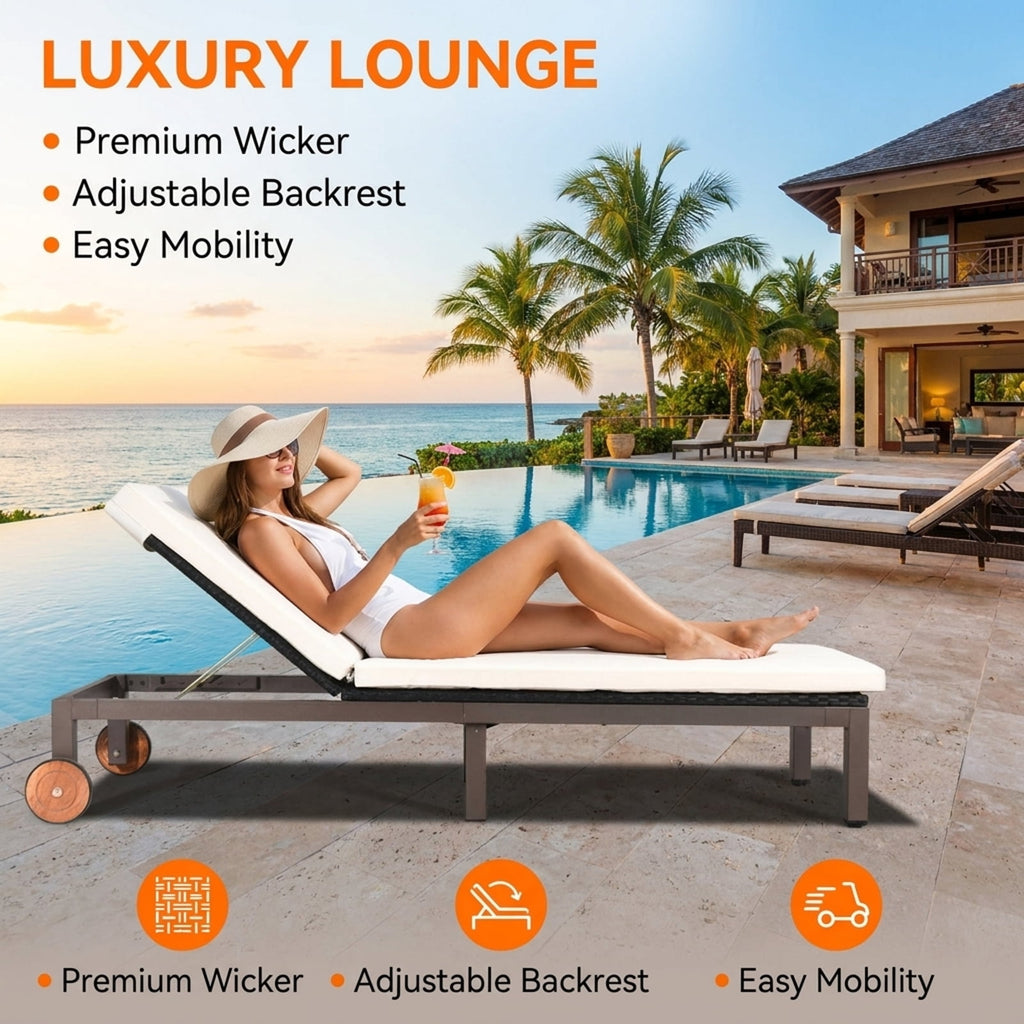 Biotree Back Adjustable Cushioned Patio Rattan Lounge Chair Stackable Patio Chair for Garden BackyardWhite