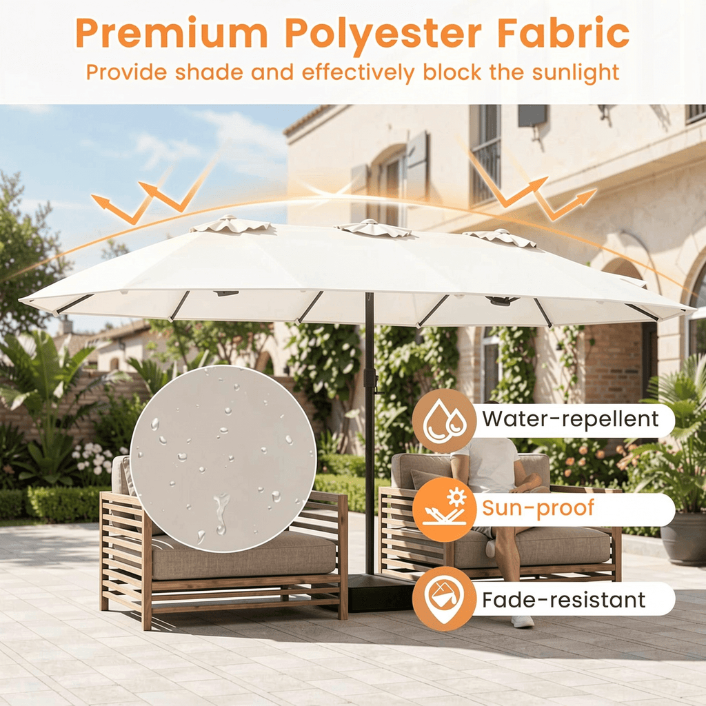 Biotree 15 Feet Double-Sided Twin Patio Umbrella with Crank and Base-Beige Beige Brown Blue Grey Orange Red Turquoise Black
