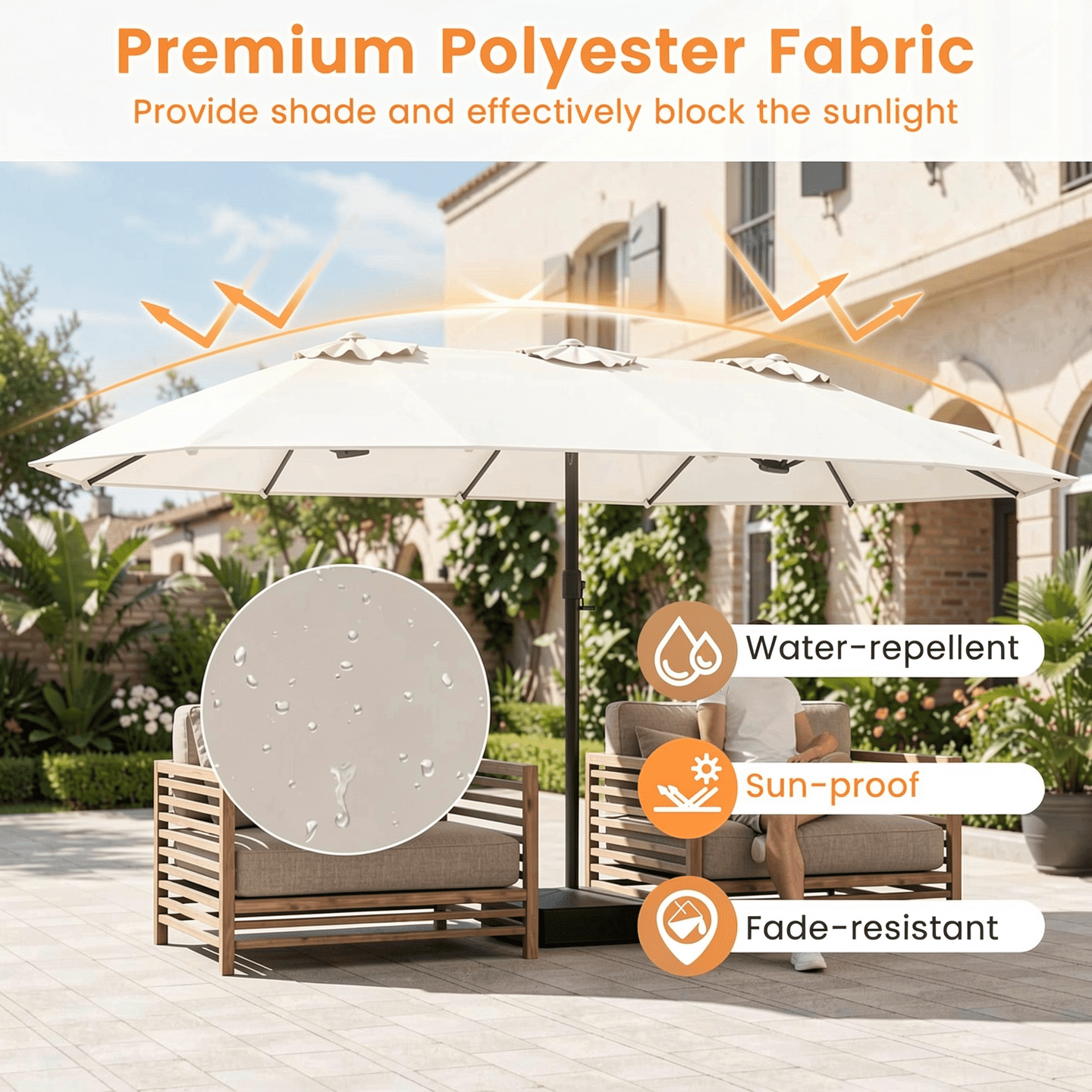 Biotree 15 Feet Double-Sided Twin Patio Umbrella with Crank and Base-Beige Beige Brown Blue Grey Orange Red Turquoise Black