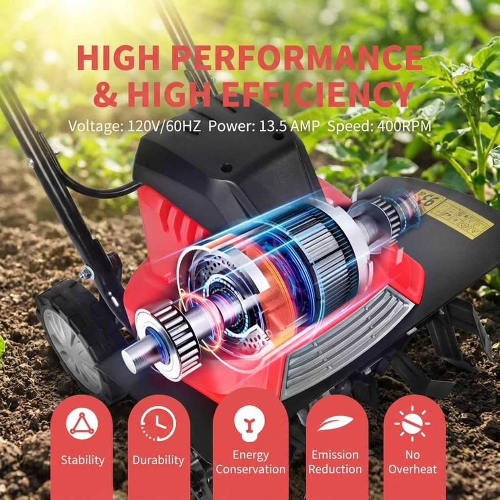 Biotree 17-Inch 13.5 Amp Corded Electric Tiller and Cultivator 9 for Lawn Garden Yard Soil Care, Red