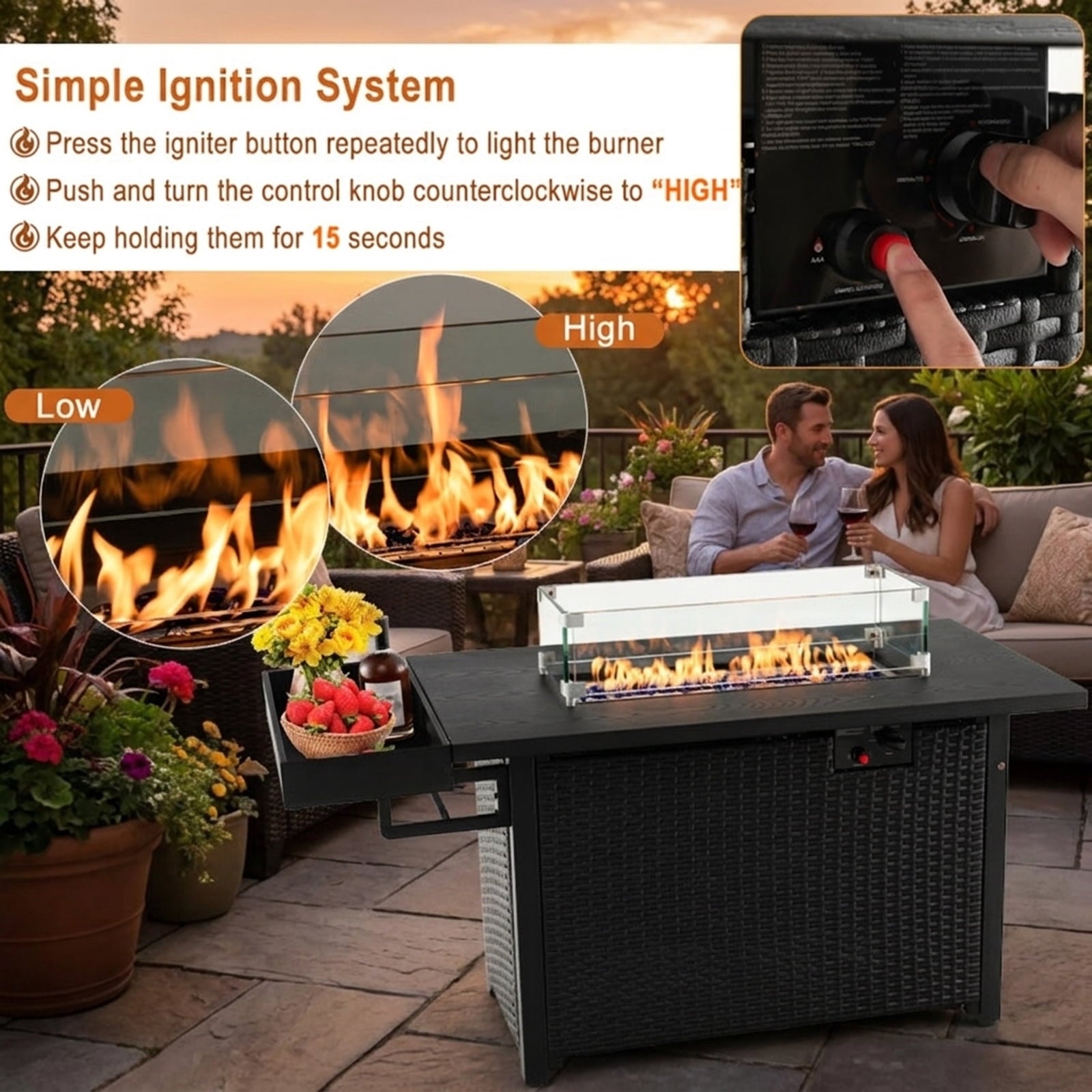 Biotree 52 Inches Outdoor Wicker Gas Fire Pit Propane Fire Table with Cover for Outdoor Patio Backyard Garden Camping, Black