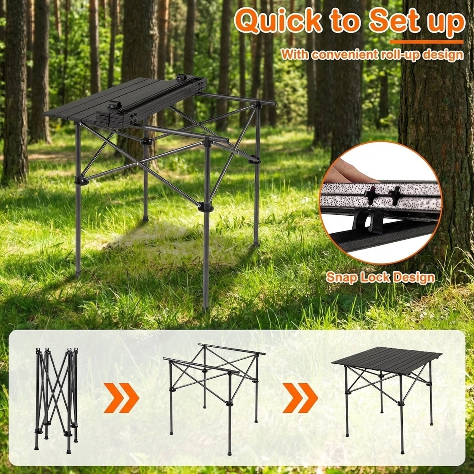 Biotree Folding Roll-Up Camping Table with Metal Legs Portable Lightweight Outdoor Table for Camping Picnic Beach, Black
