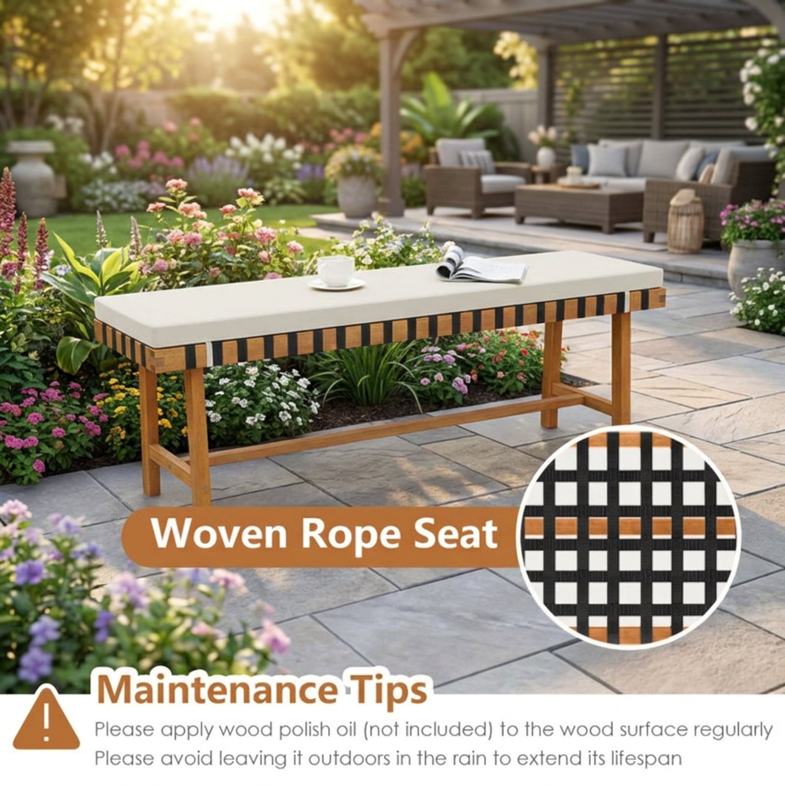 Biotree 48 Inch Acacia Wood Outdoor Bench with Thick Padded Seat Cushion Stackable Patio Chair for Garden BackyardNatural+Off White