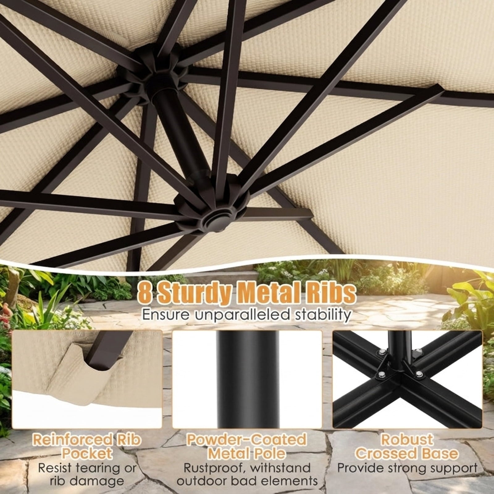Biotree 10 ft Solar Offset Hanging Umbrella with 40 LED Lights Cross Base and 180G Polyester Canopy for Deck Garden Backyard - Tan