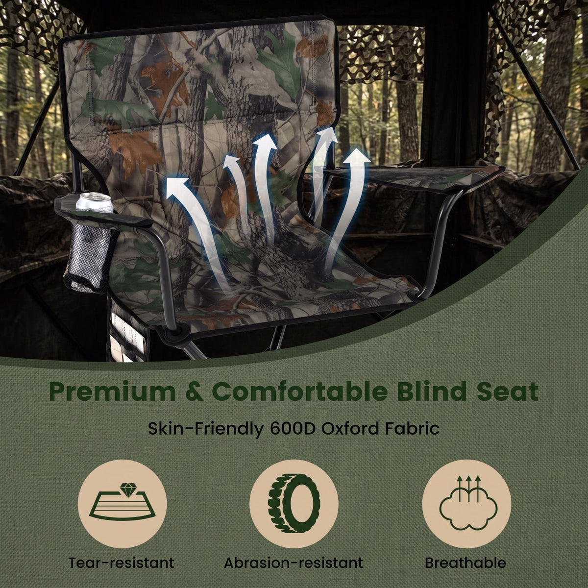 Biotree 360 Degree Swivel Hunting Chair, Portable Folding Camping Chair with Cup Holder, Storage Pockets and Carry Bag, 300 Lbs Capacity, Green