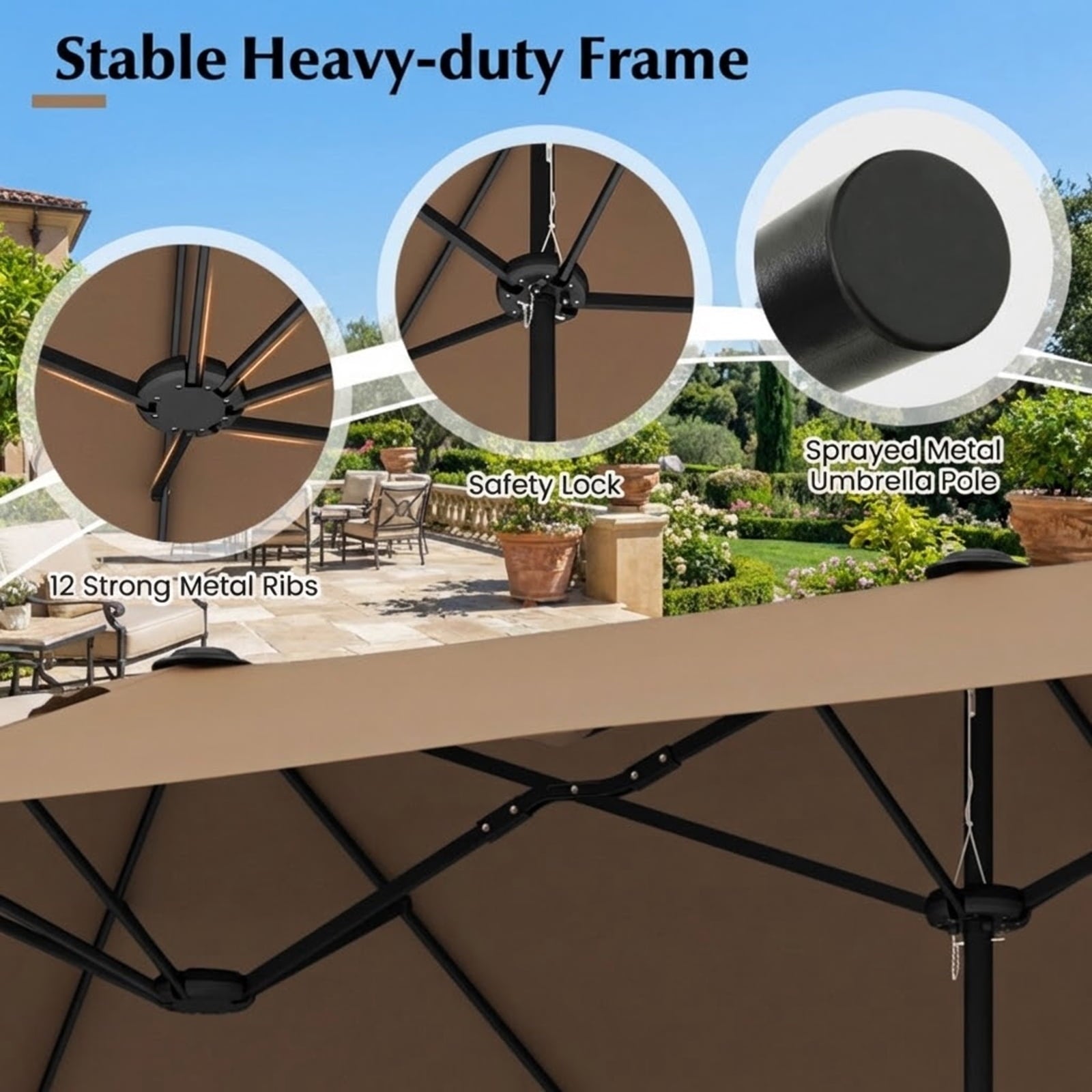 Biotree 13FT Double-sided Patio Twin Table Umbrella with Crank Handle-Tan Brown - Outdoor Patio Garden Sun Shade