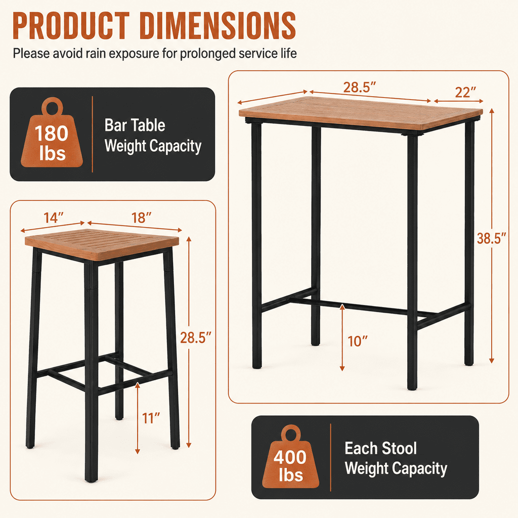 Biotree 3-Piece Acacia Wood Outdoor Bistro Set with Bar Table and 2 Stools