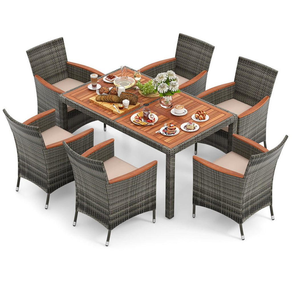 Biotree 7 Pieces Patio Acacia Wood Cushioned PE Rattan Wicker Dining Set Outdoor Conversation Set for Garden Backyard PorchGray