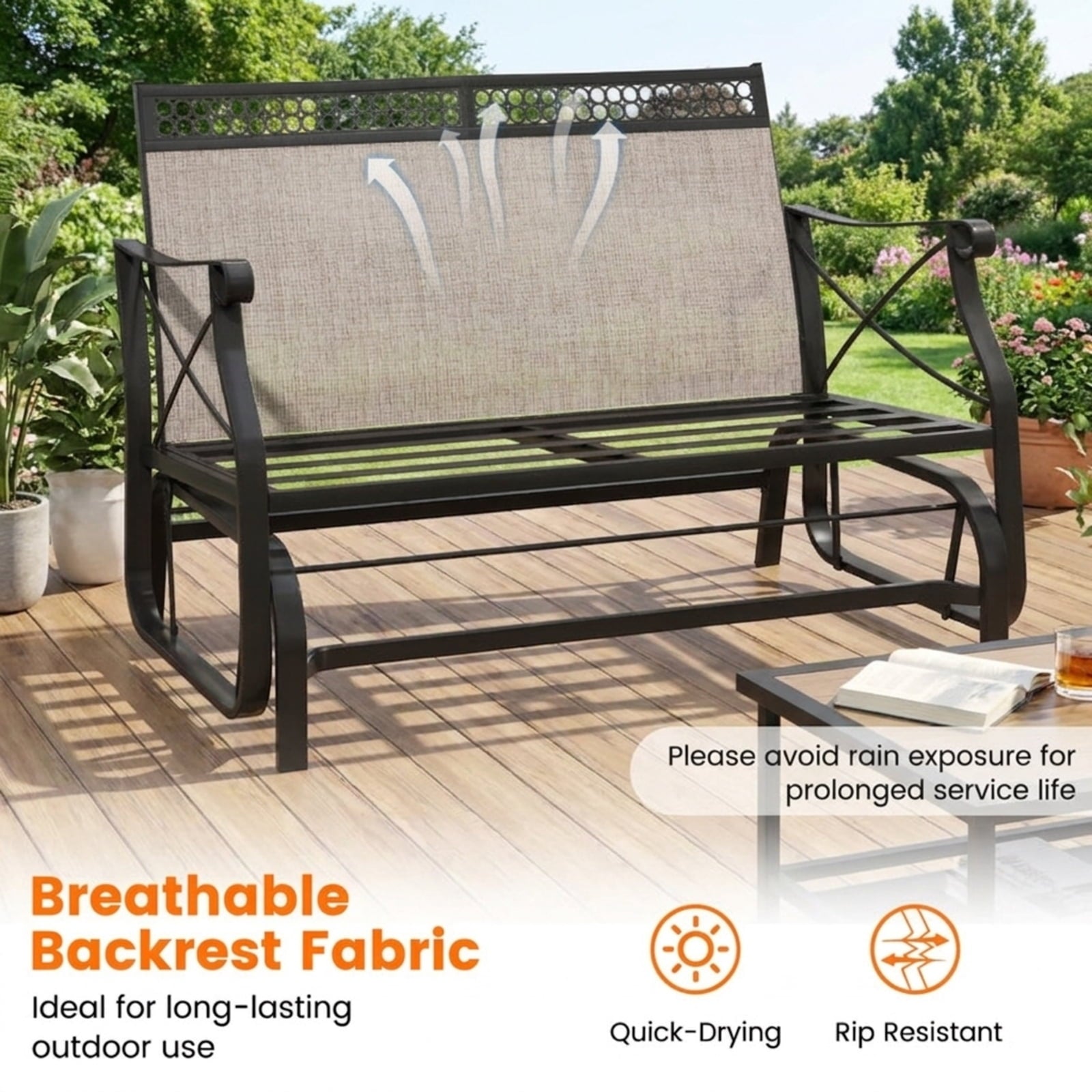 Biotree Outdoor 2-Person Glider Rocking Chair Loveseat with Thick Cushions and Metal Frame Stackable Patio Chair for Garden BackyardBrown
