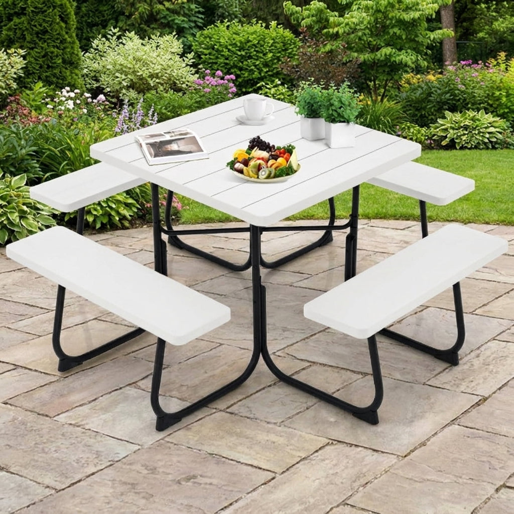 Biotree 67-Inch Outdoor Picnic Table with 4 Benches and Umbrella Hole, White