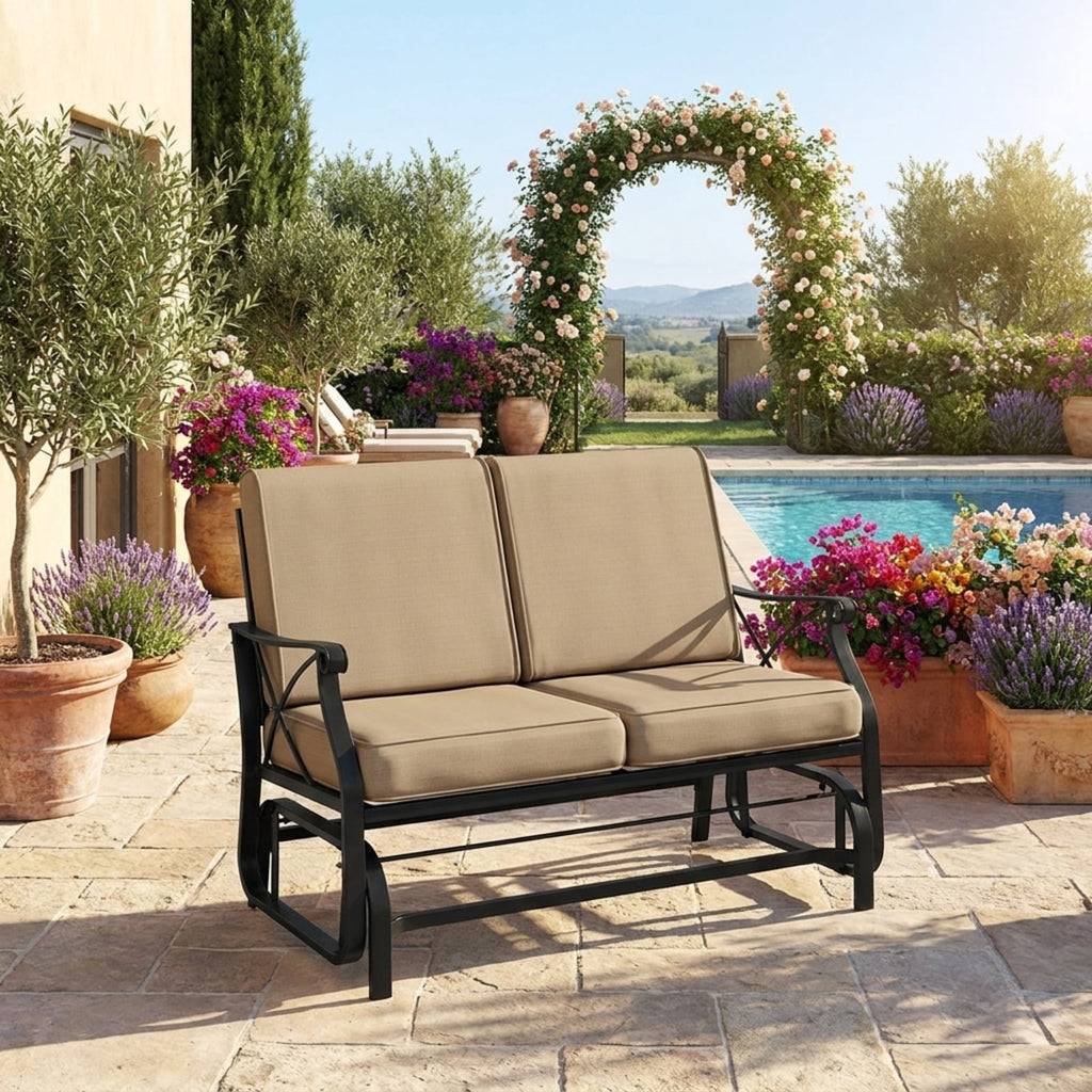 Biotree Outdoor 2-Person Glider Rocking Chair Loveseat with Thick Cushions and Metal Frame Stackable Patio Chair for Garden BackyardBrown
