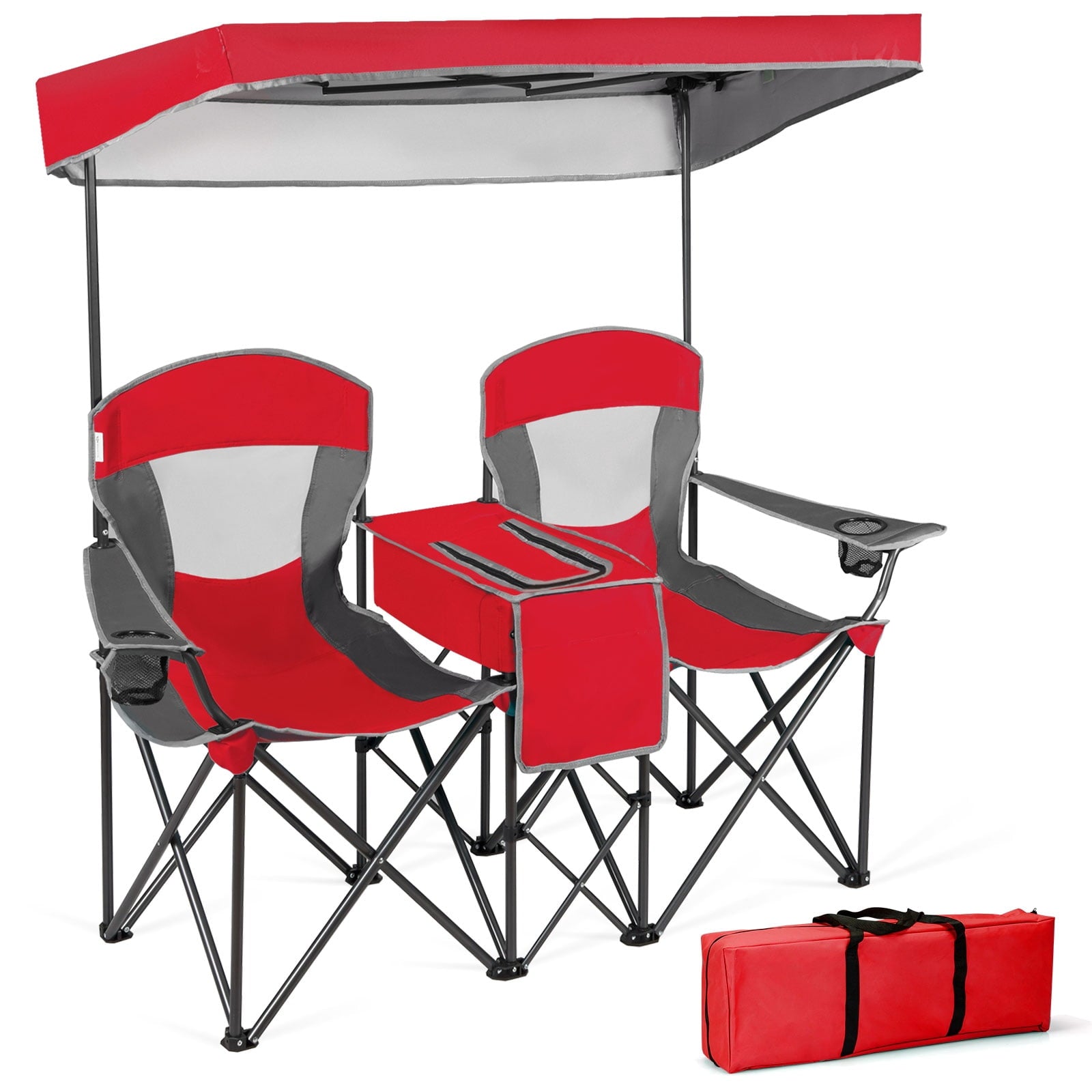 Biotree Folding Camping Chair with Sun Shade Canopy and Cup Holder 2-Person Portable Outdoor Double Chair for Beach Picnic, Red