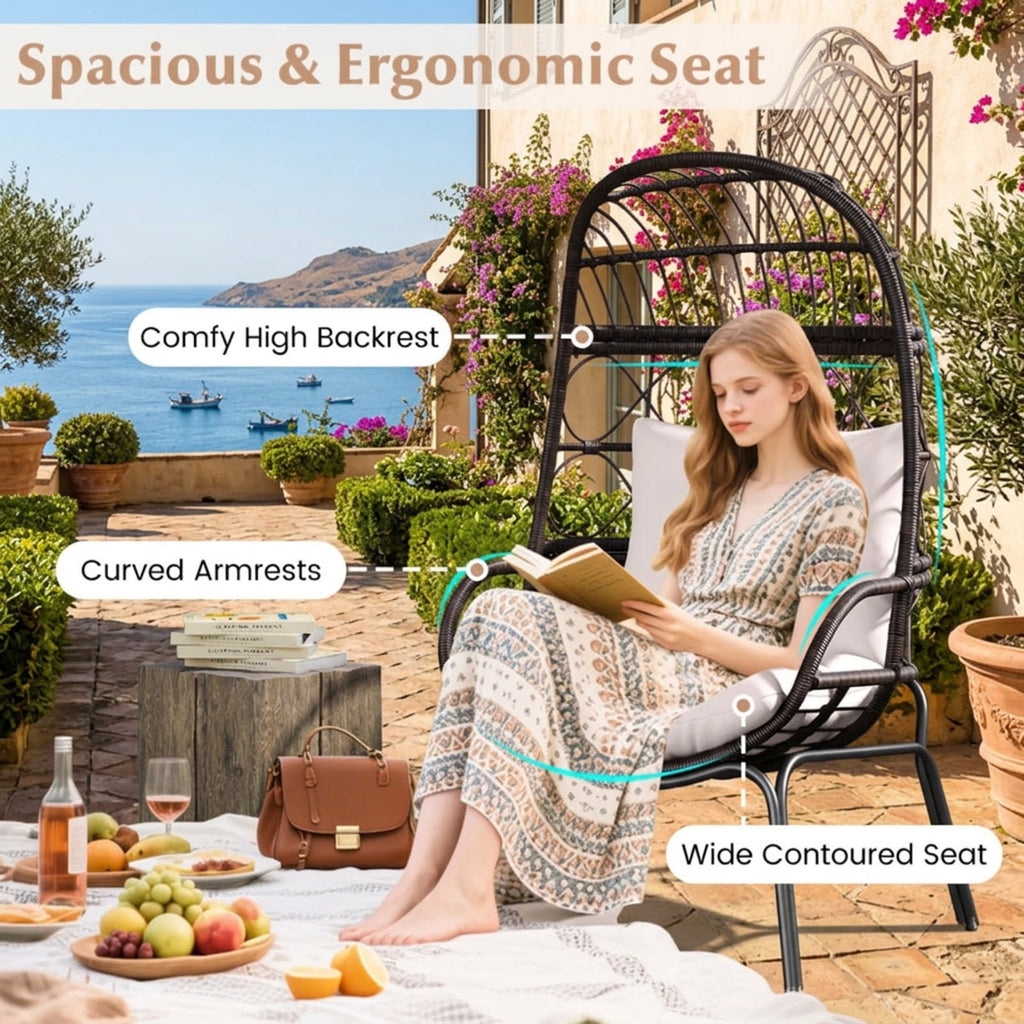 Biotree Patio Wicker Egg Chair Outdoor Rattan Lounge Basket with Seat and Back Cushions Stackable Patio Chair for Garden BackyardBrown
