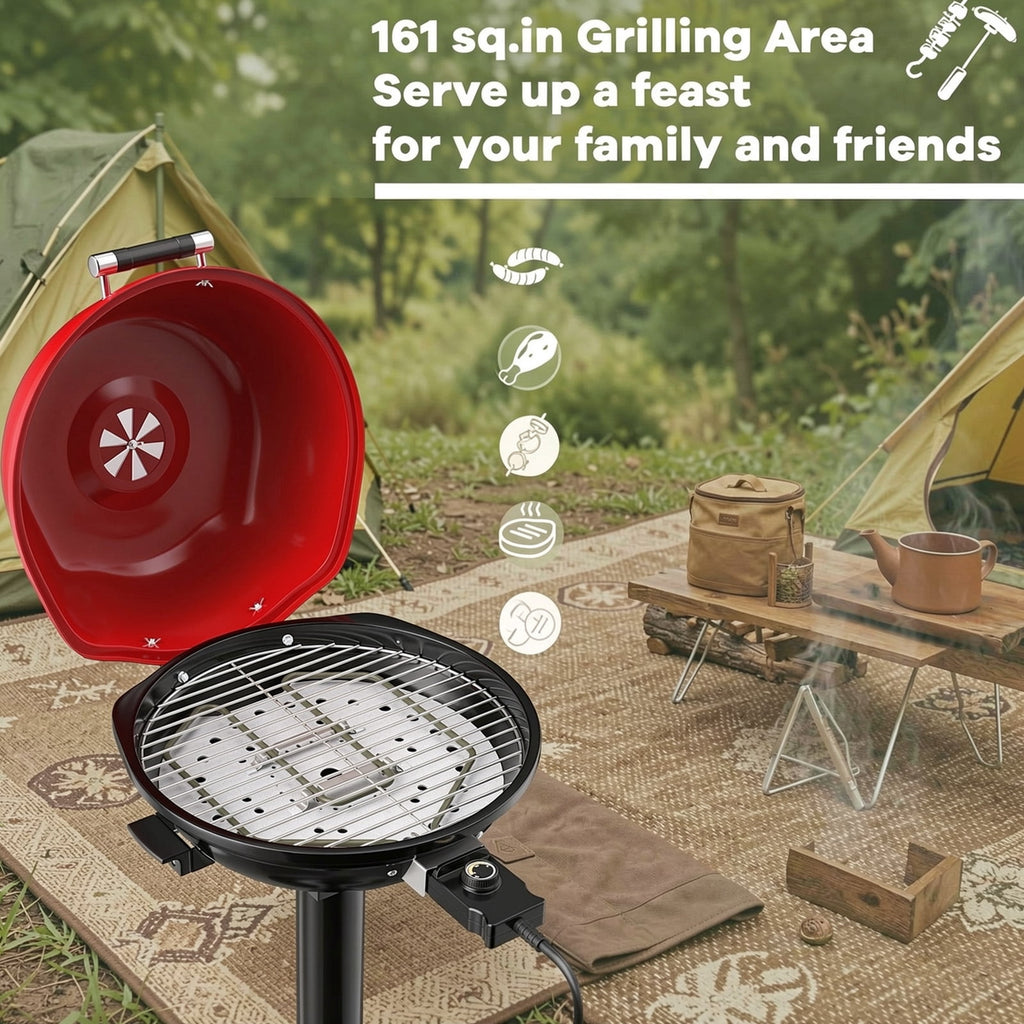 Biotree 1600W Portable Electric BBQ Grill with Removable Non-Stick Rack-Black and Red Outdoor Cooking Patio