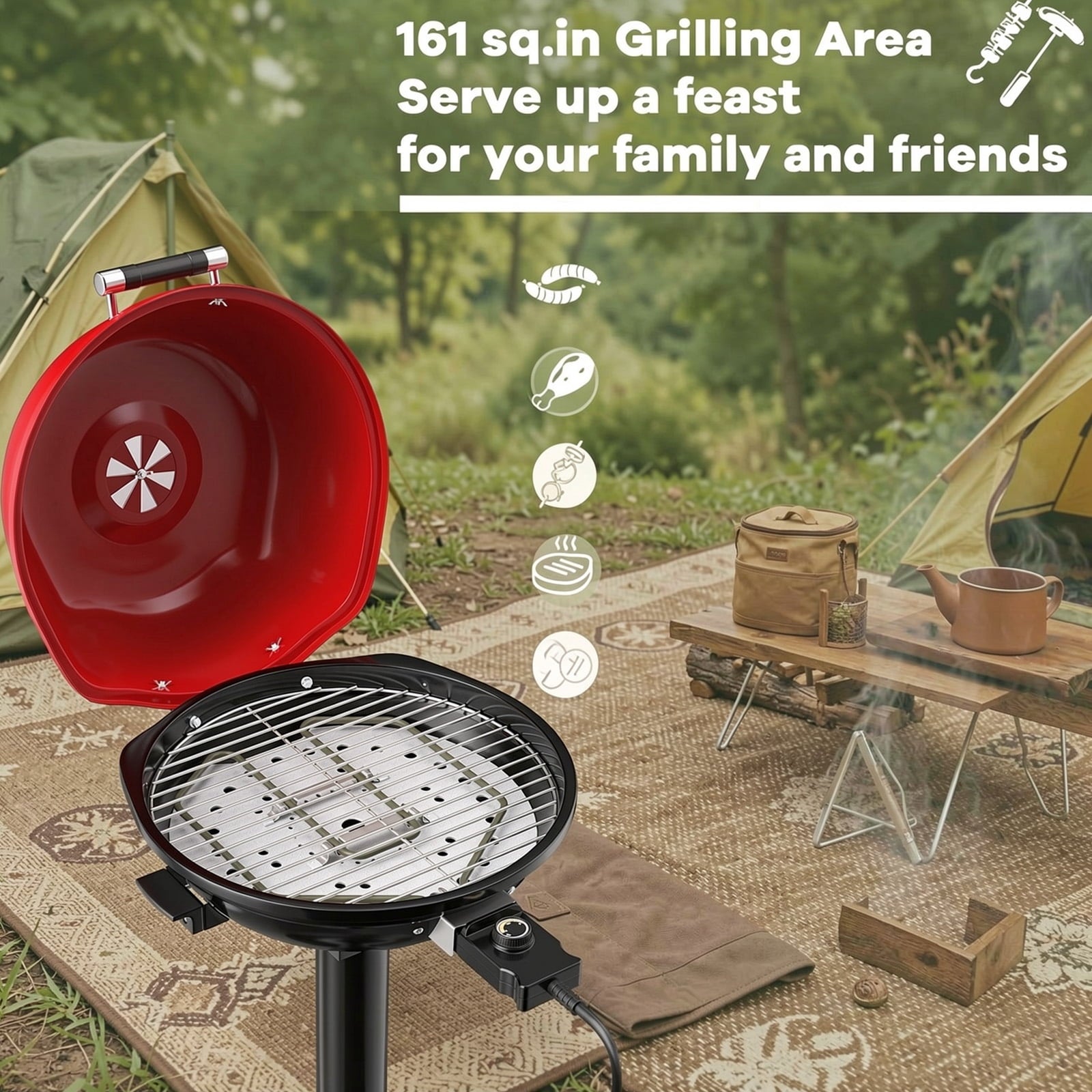 Biotree 1600W Portable Electric BBQ Grill with Removable Non-Stick Rack-Black and Red Outdoor Cooking Patio