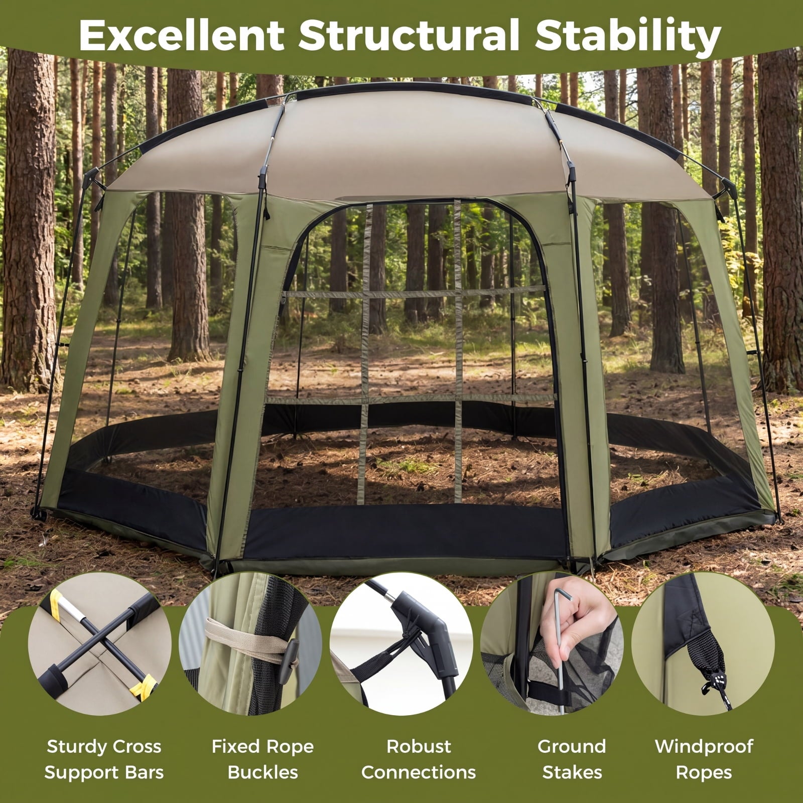 Biotree 6 8 Person Netted Canopy Tent with Zippered Door, Green