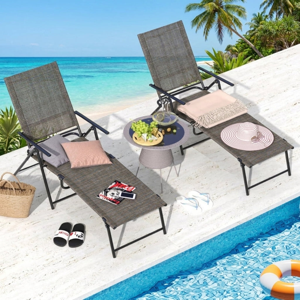 Biotree 2 Piece Patio Folding Chaise Lounge Chairs Recliner with 6-Level Backrest Stackable Patio Chair for Garden BackyardCoffee