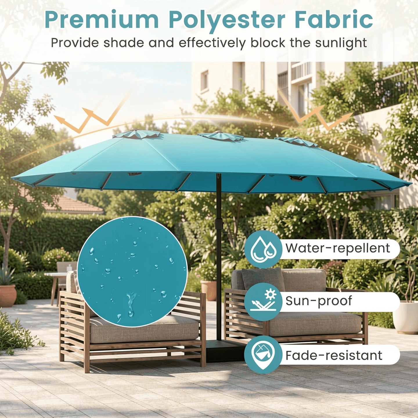 Biotree 15 Feet Double-Sided Twin Patio Umbrella with Crank and Base-Turquoise Beige Brown Blue Grey Orange Red Turquoise Black