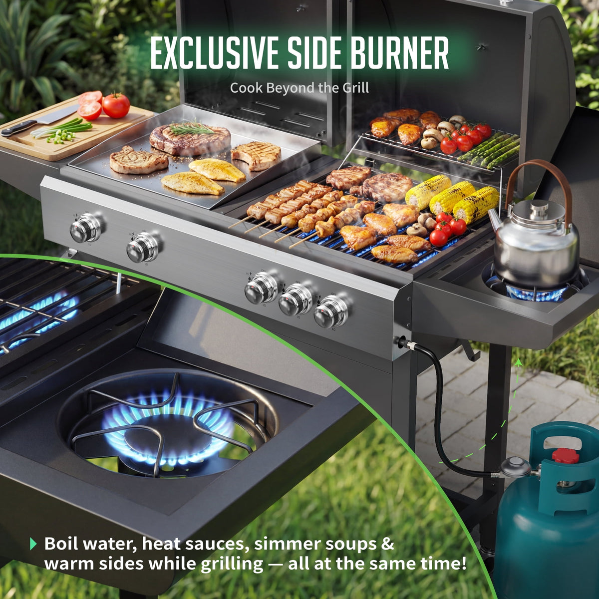 Biotree 5-Burner Propane Gas Grill and Griddle Combo, 54,000 BTU Dual Fuel BBQ Grill with Side Burner for Backyard, Patio Outdoor Cooking & Entertaining