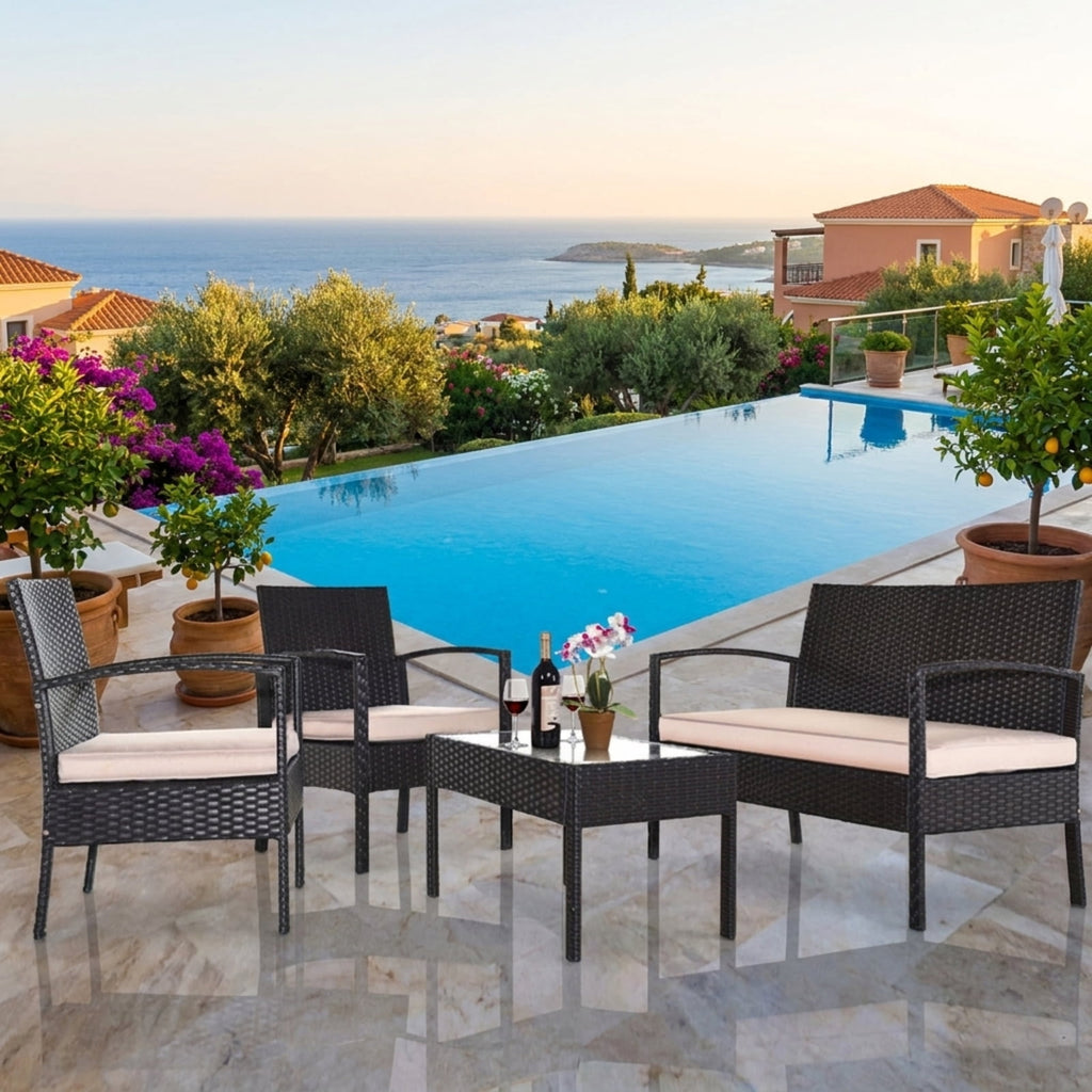 Biotree 4 Pieces Patio Rattan Conversation Set with Loveseat Sofas and Coffee Table Outdoor Conversation Set for Garden Backyard Porch
