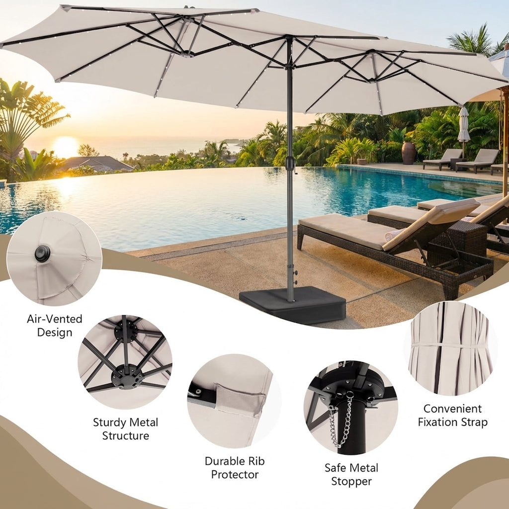 Biotree 15 Feet Double-Sided Patio Umbrella with 48 LED Lights-Beige Outdoor Backyard Deck Garden Pool