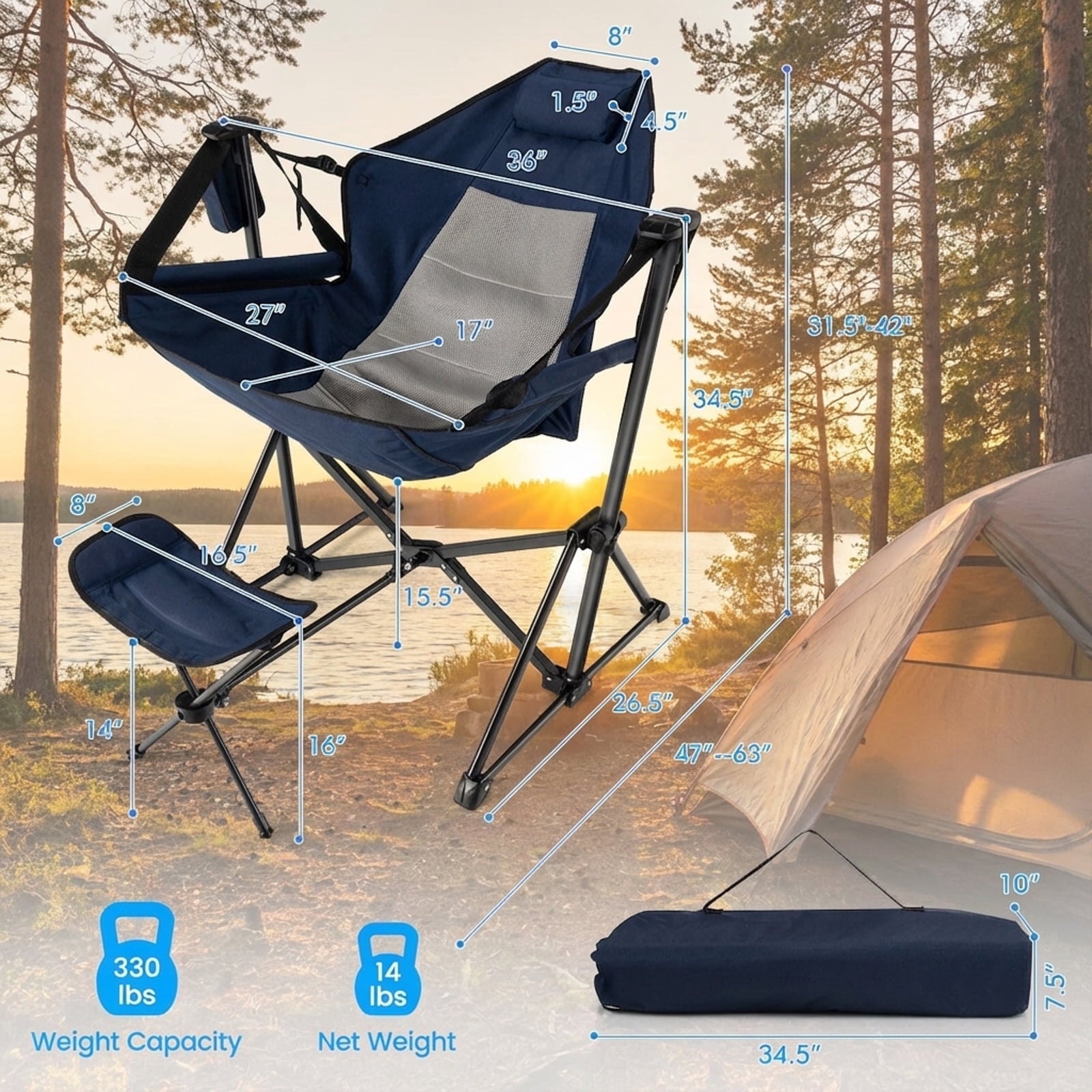 Biotree Hammock Style Camping Chair with Retractable Footrest and Adjustable Seat Angle Portable Outdoor Lounger with Carry Bag, Navy Blue