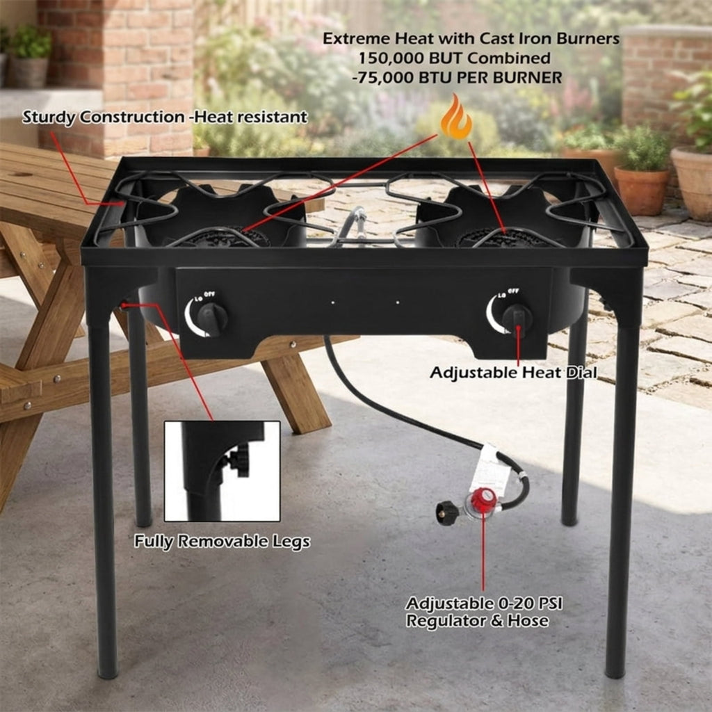 Biotree 150000 BTU Double Burner Outdoor Stove BBQ Grill for Outdoor Camping Backyard Patio Cooking, Black