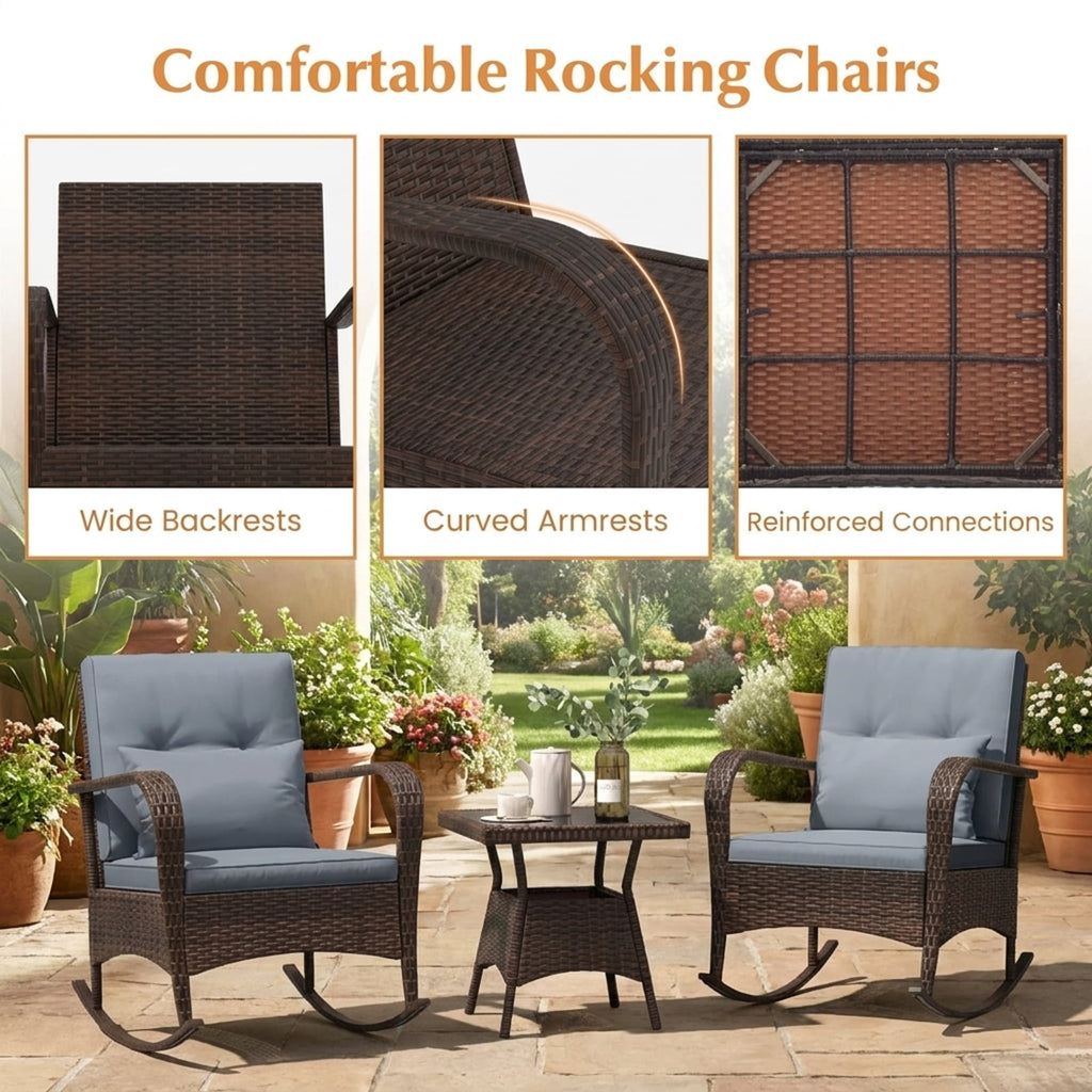 Biotree 3 Piece Outdoor Rocking Set with Tempered Glass Coffee Table for Backyard Poolside Outdoor Conversation Set for Garden Backyard PorchGray