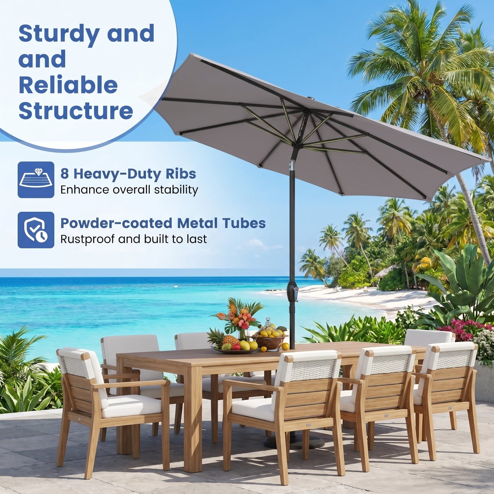 Biotree 8.5 ft Market Patio Umbrella with Crank and Tilt, 8 Sturdy Ribs, Vented Canopy - Gray for Backyard
